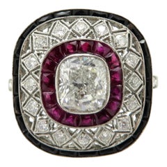 Platinum Estate Cushion Diamond, Ruby, and Onyx Antique Ring
