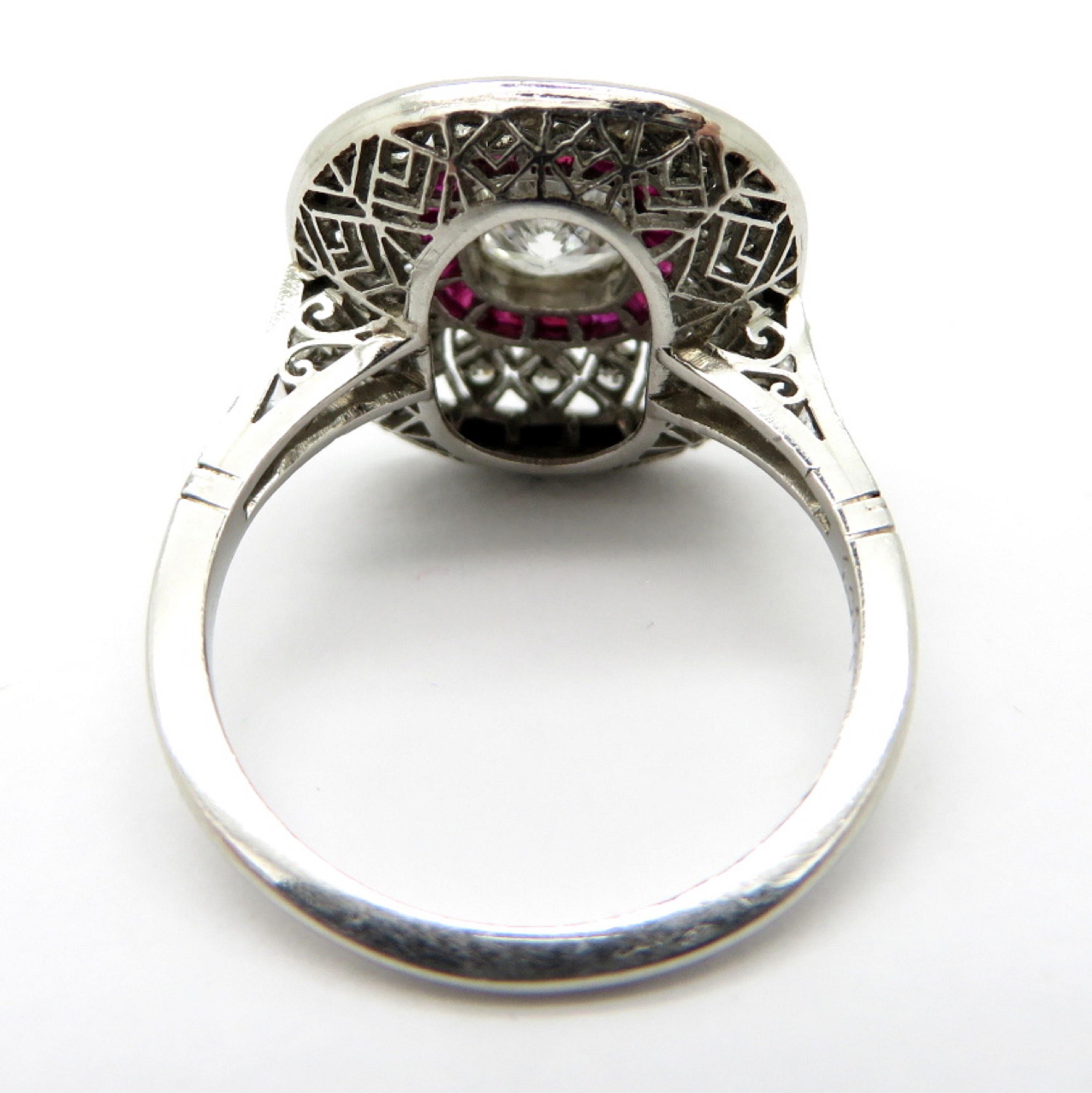 Women's Platinum Estate Cushion Diamond, Ruby, and Onyx Antique Ring