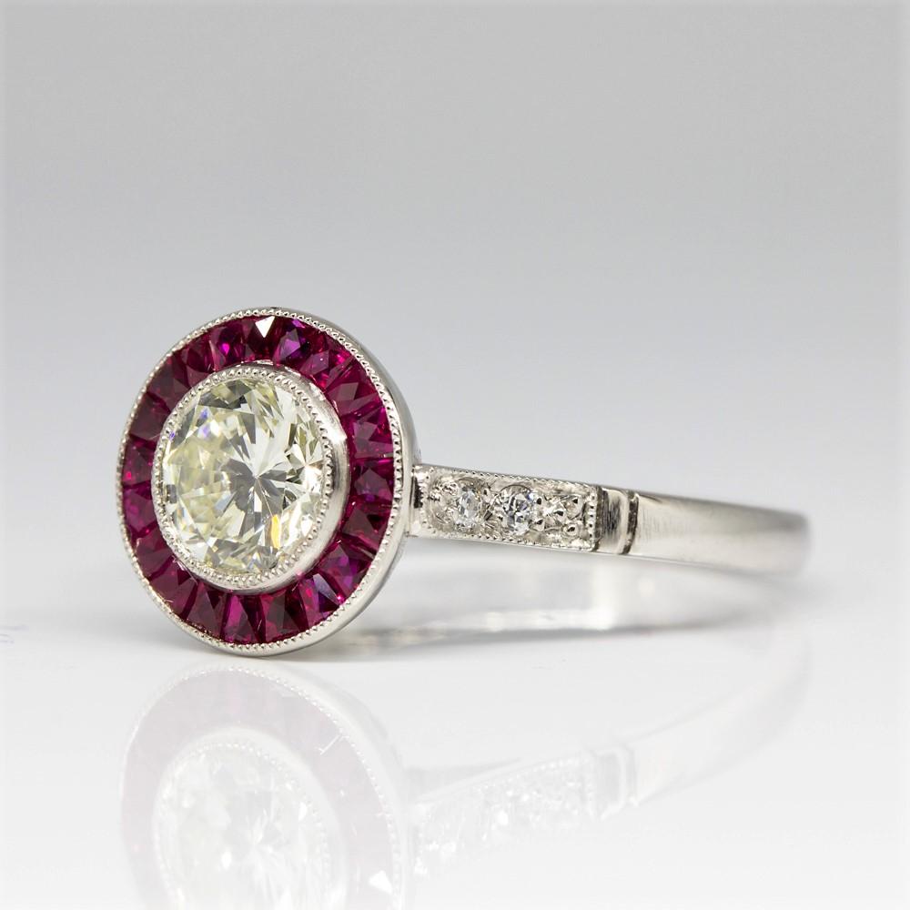 French Cut Platinum Estate Diamond and Rubies Halo Ring