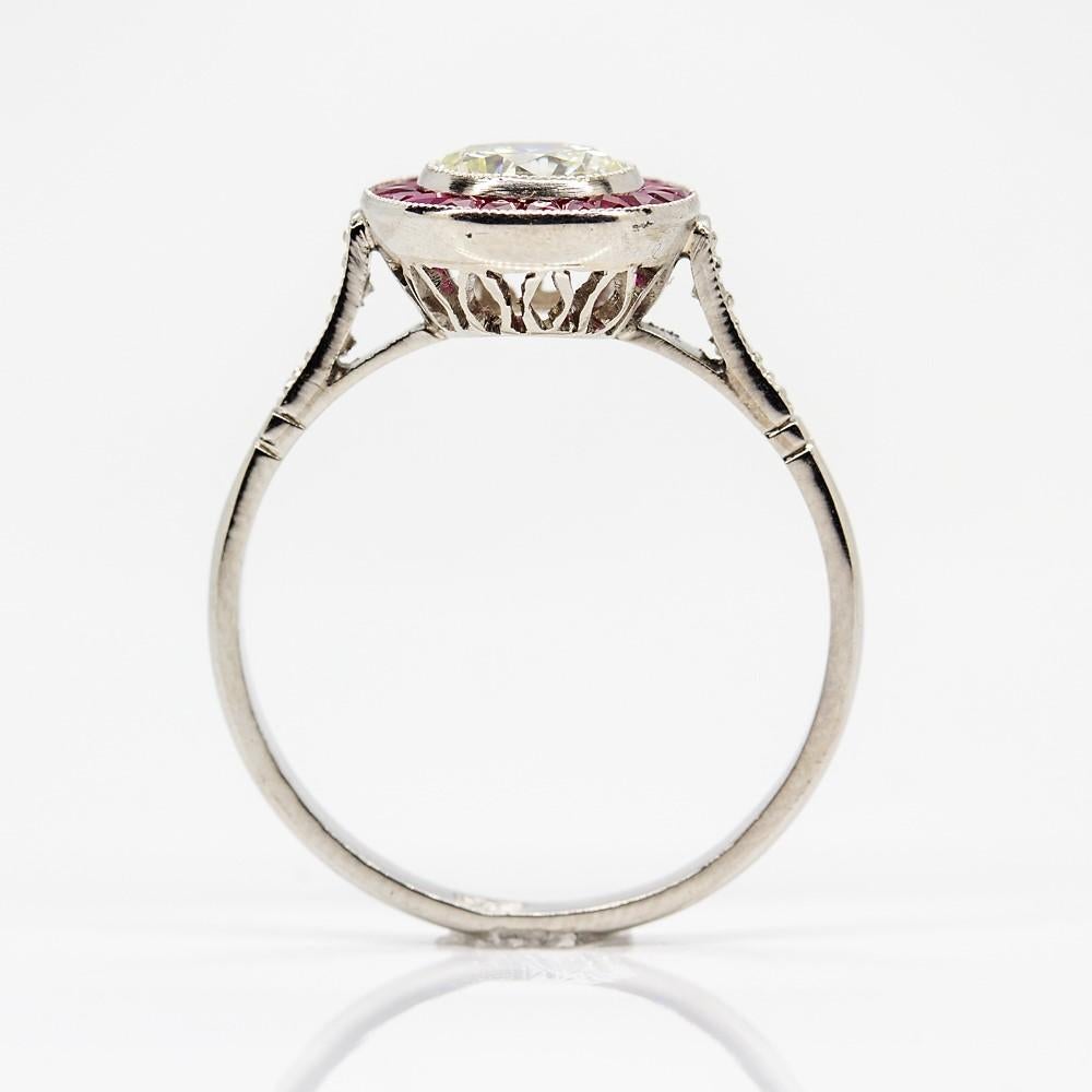 Platinum Estate Diamond and Rubies Halo Ring In Excellent Condition In Miami, FL