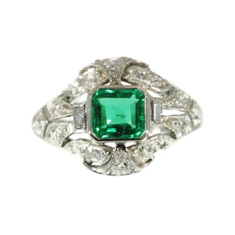 Emerald Cut Platinum Diamond Engagement Ring with Certified Magnificent Colombian Emerald For Sale