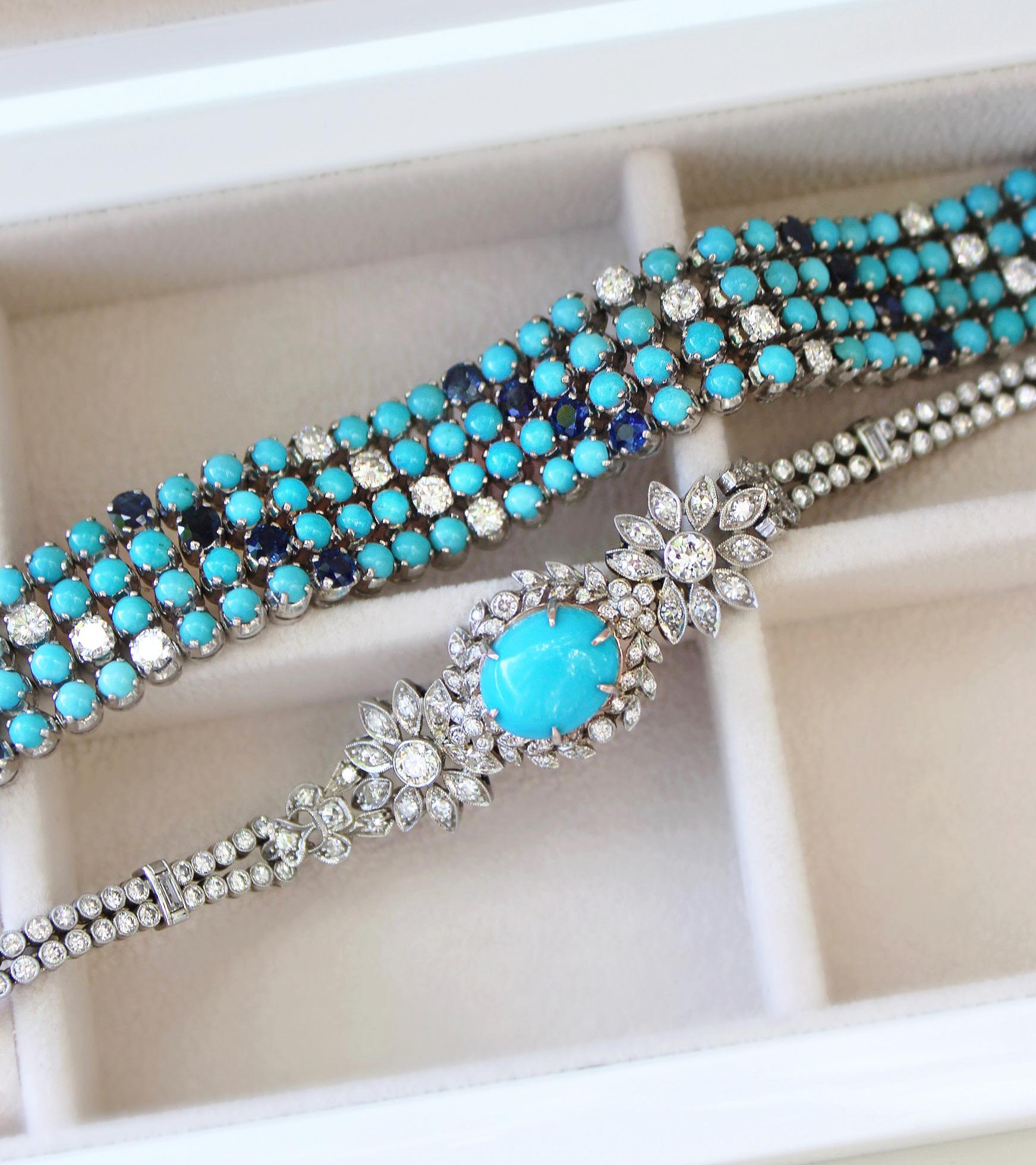 Platinum Estate Diamond & Turquoise Bracelet For Sale 3