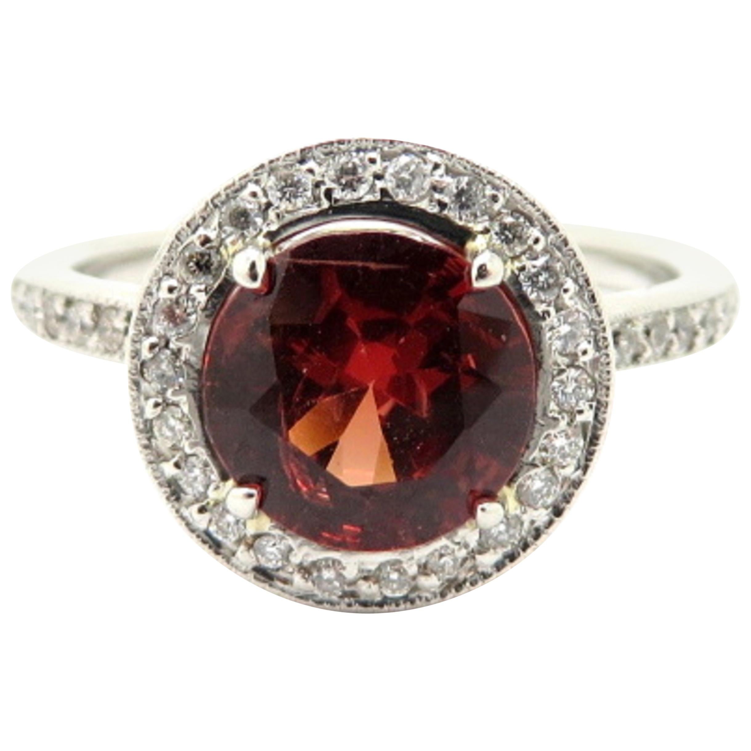 Platinum Estate GIA Certified Round Red Spinel and Diamond Halo Ring For Sale