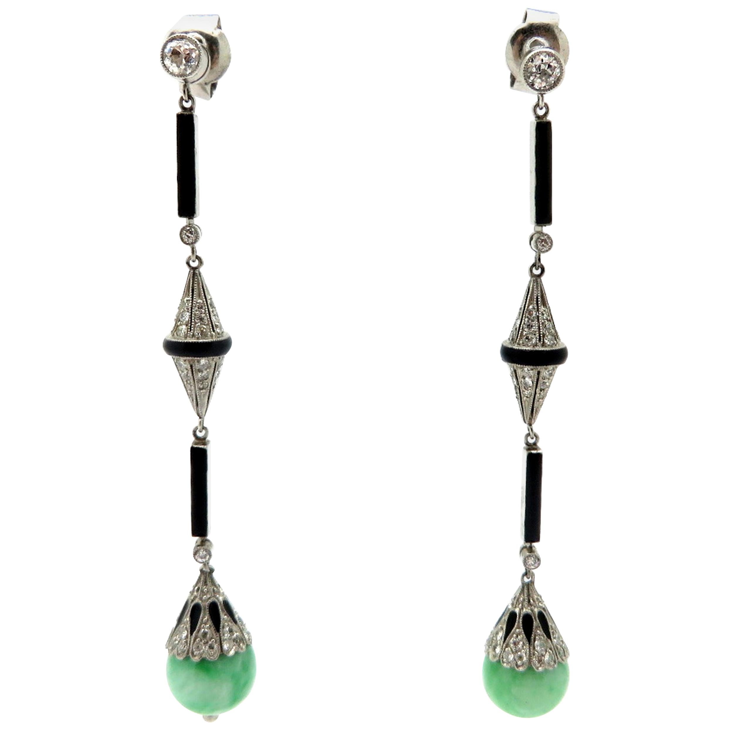 Platinum Estate Jade, Diamond and Onyx Chandelier Art Deco Style Dangle Earrings For Sale