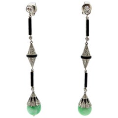 Vintage Platinum Estate Jade, Diamond and Onyx Chandelier Art Deco Style Dangle Earrings