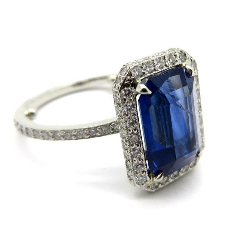 Platinum Estate Vintage Emerald Cut Sapphire and Diamond Halo Eternity