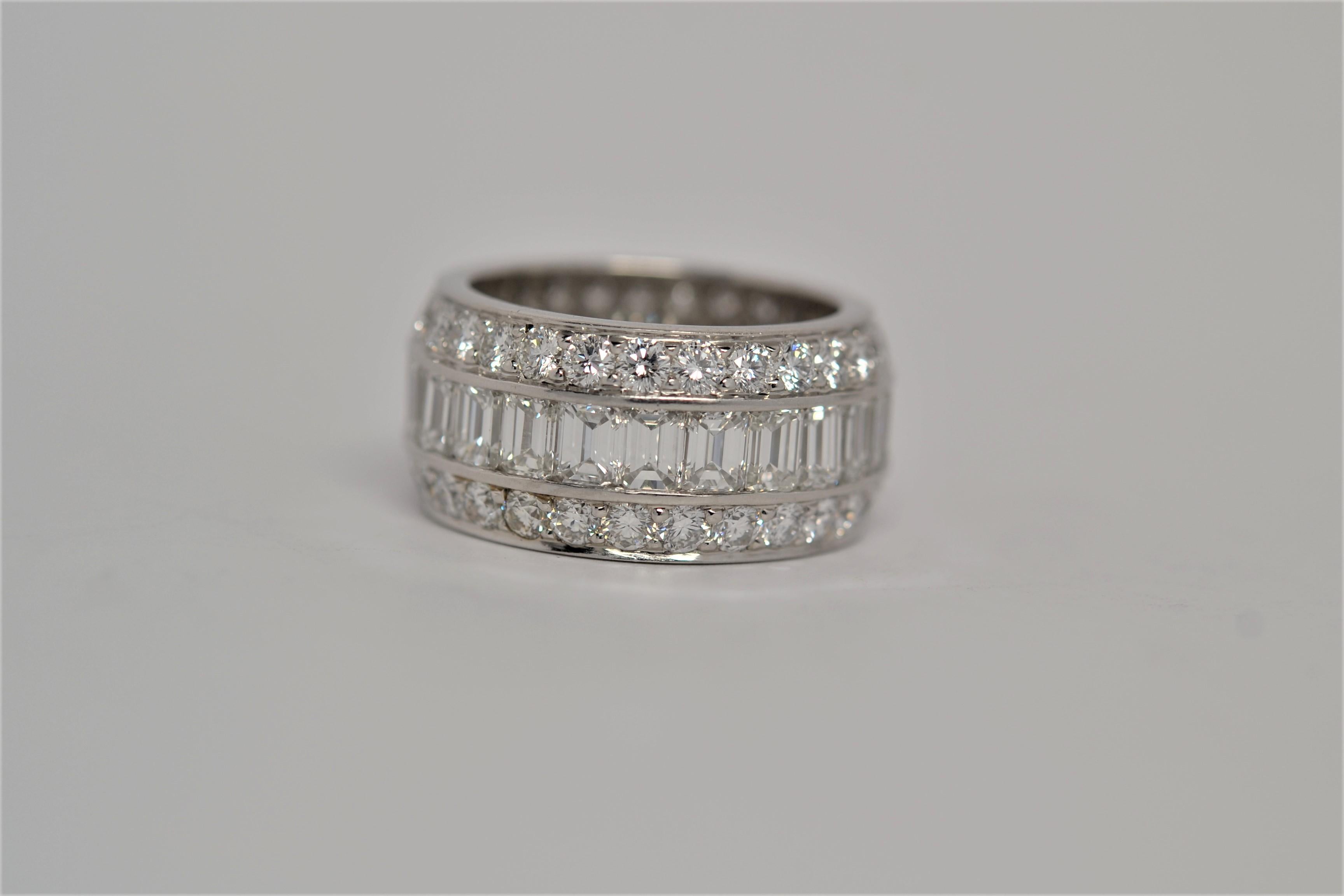 Women's Platinum Eternity Ring with Emerald Cut & Round Brilliant Cut Diamonds, 7.29ct For Sale