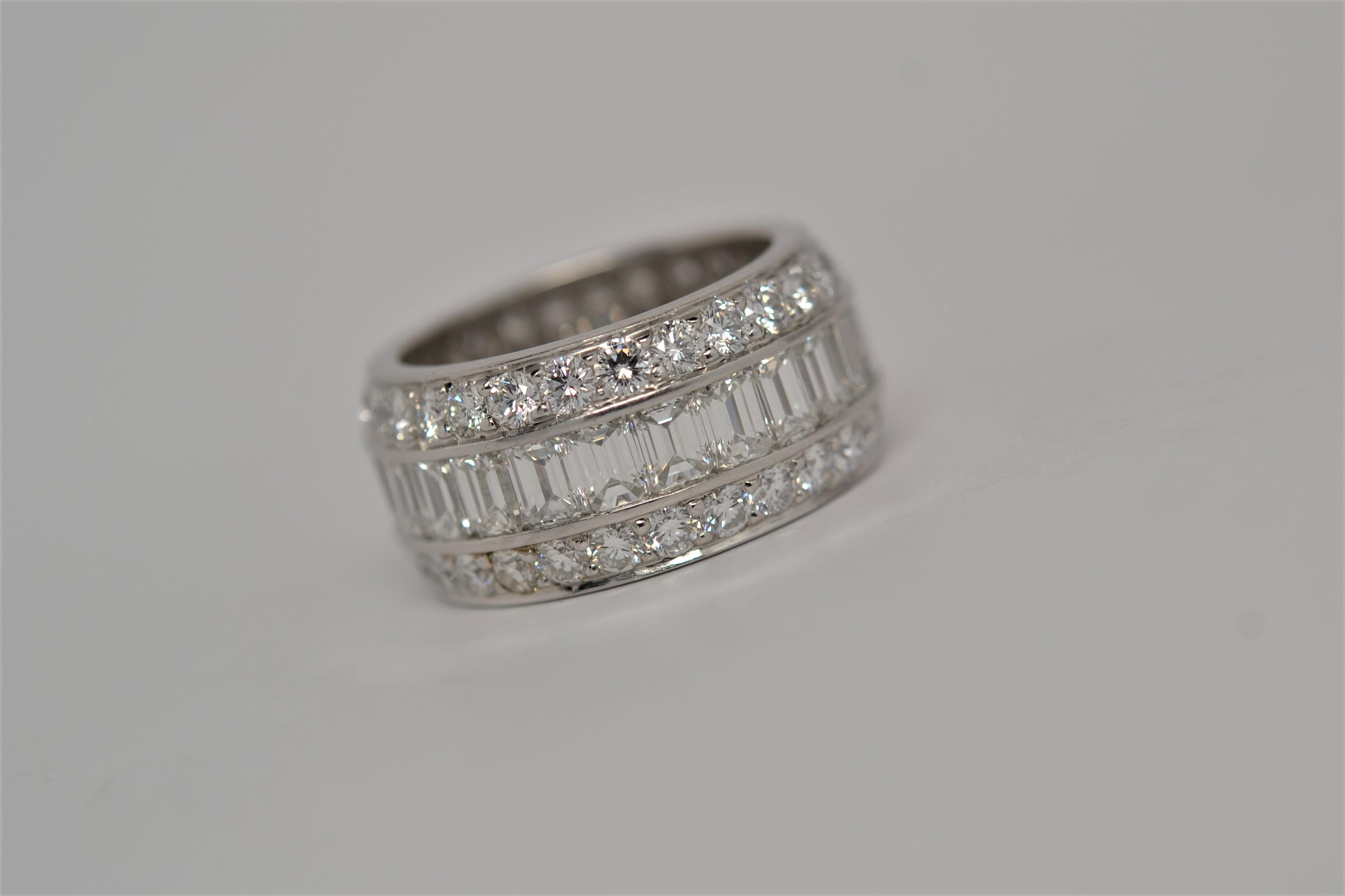 Platinum Eternity Ring with Emerald Cut & Round Brilliant Cut Diamonds, 7.29ct For Sale 1