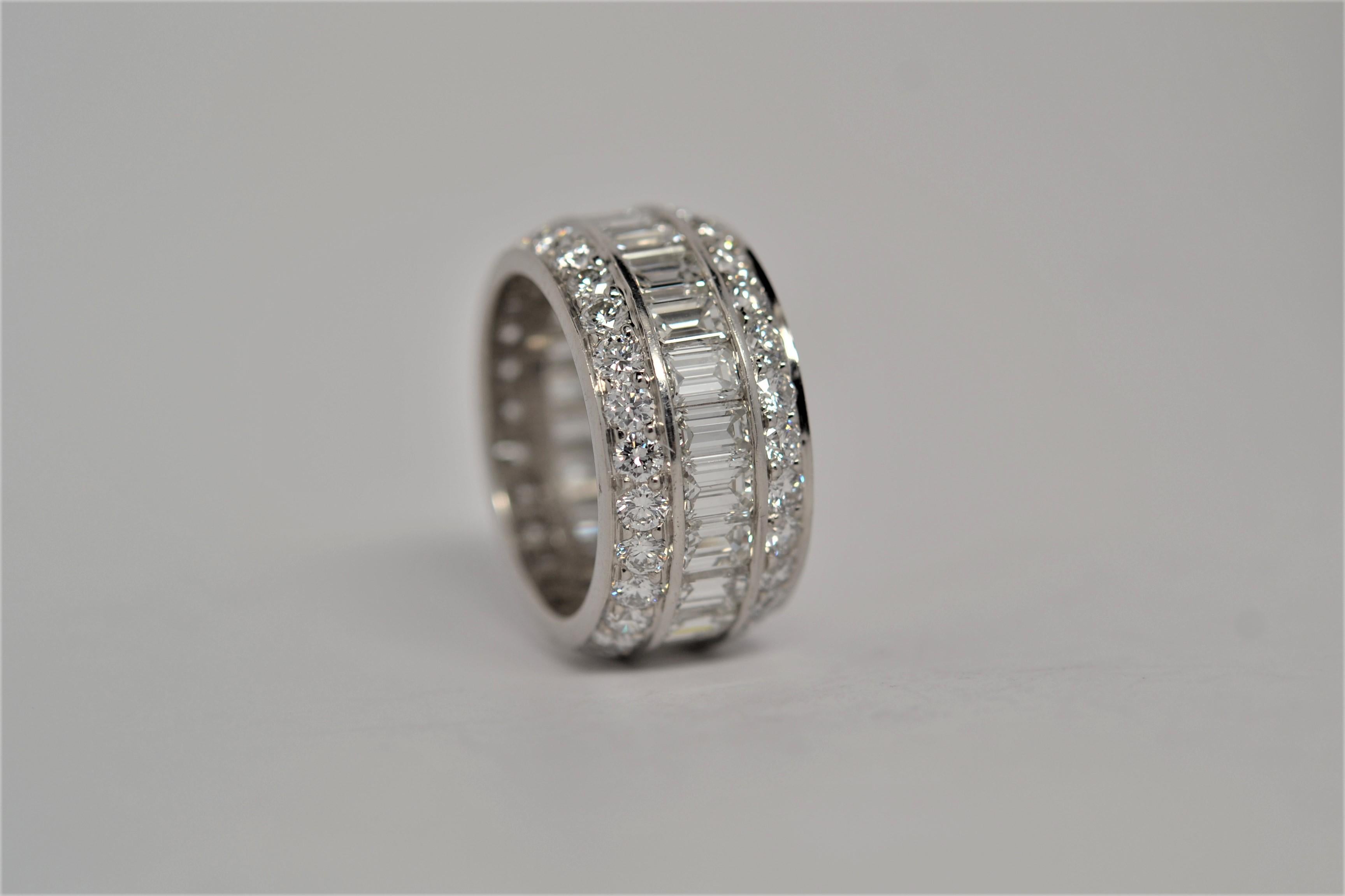 Platinum Eternity Ring with Emerald Cut & Round Brilliant Cut Diamonds, 7.29ct For Sale 2
