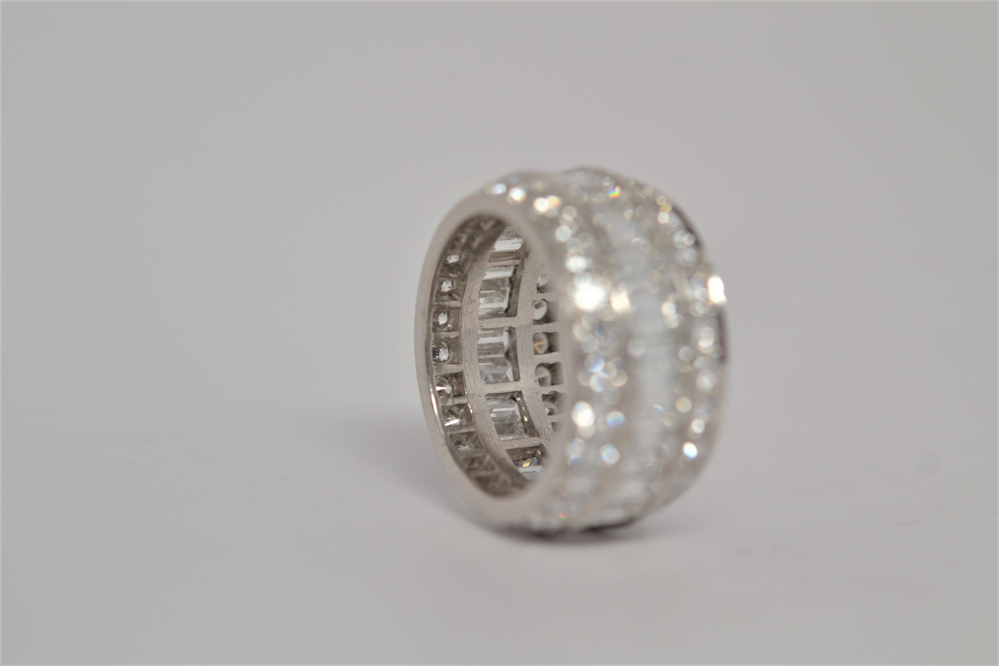 Platinum Eternity Ring with Emerald Cut & Round Brilliant Cut Diamonds, 7.29ct For Sale 3