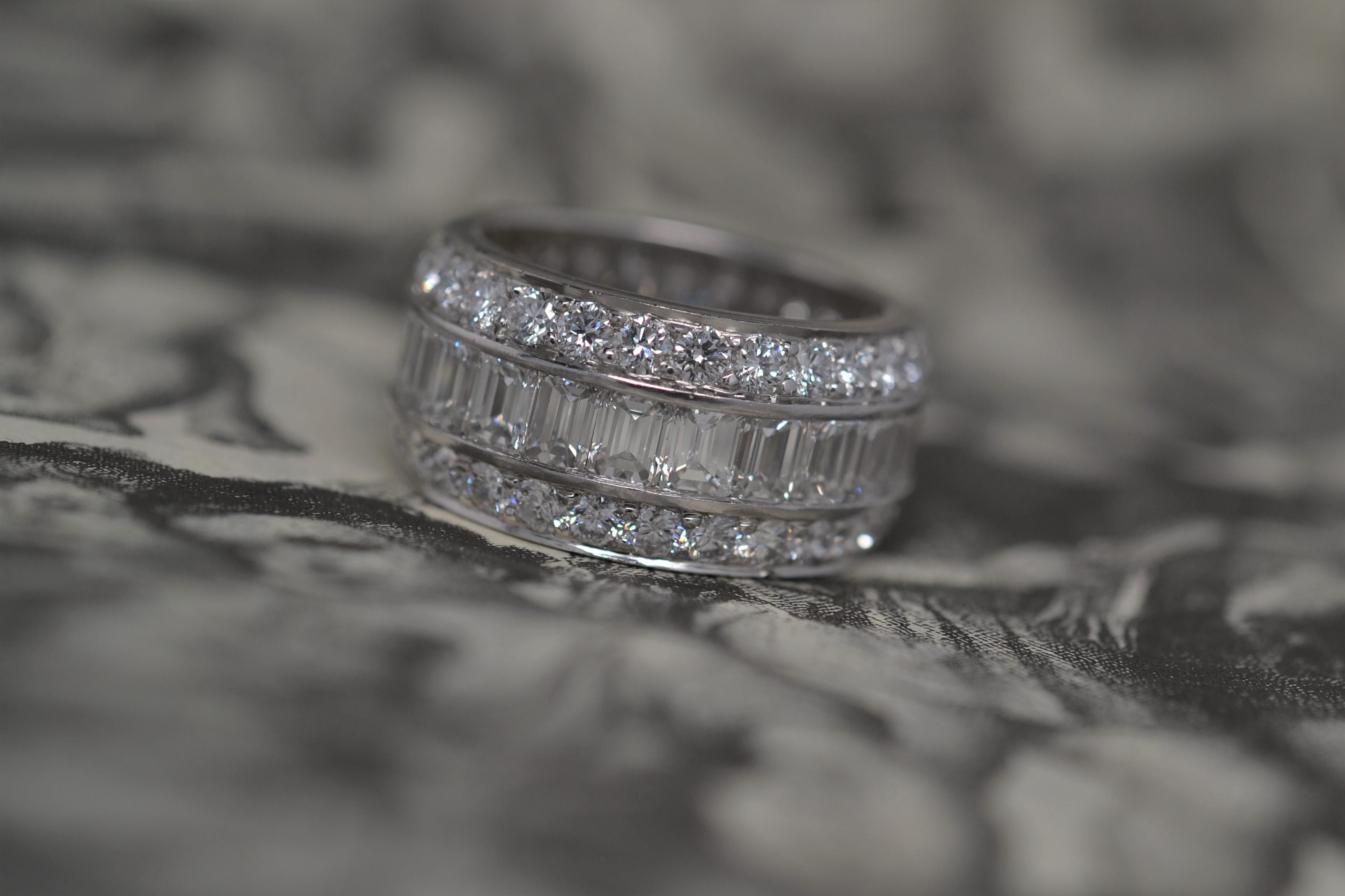 Platinum Eternity Ring with Emerald Cut & Round Brilliant Cut Diamonds, 7.29ct For Sale 4
