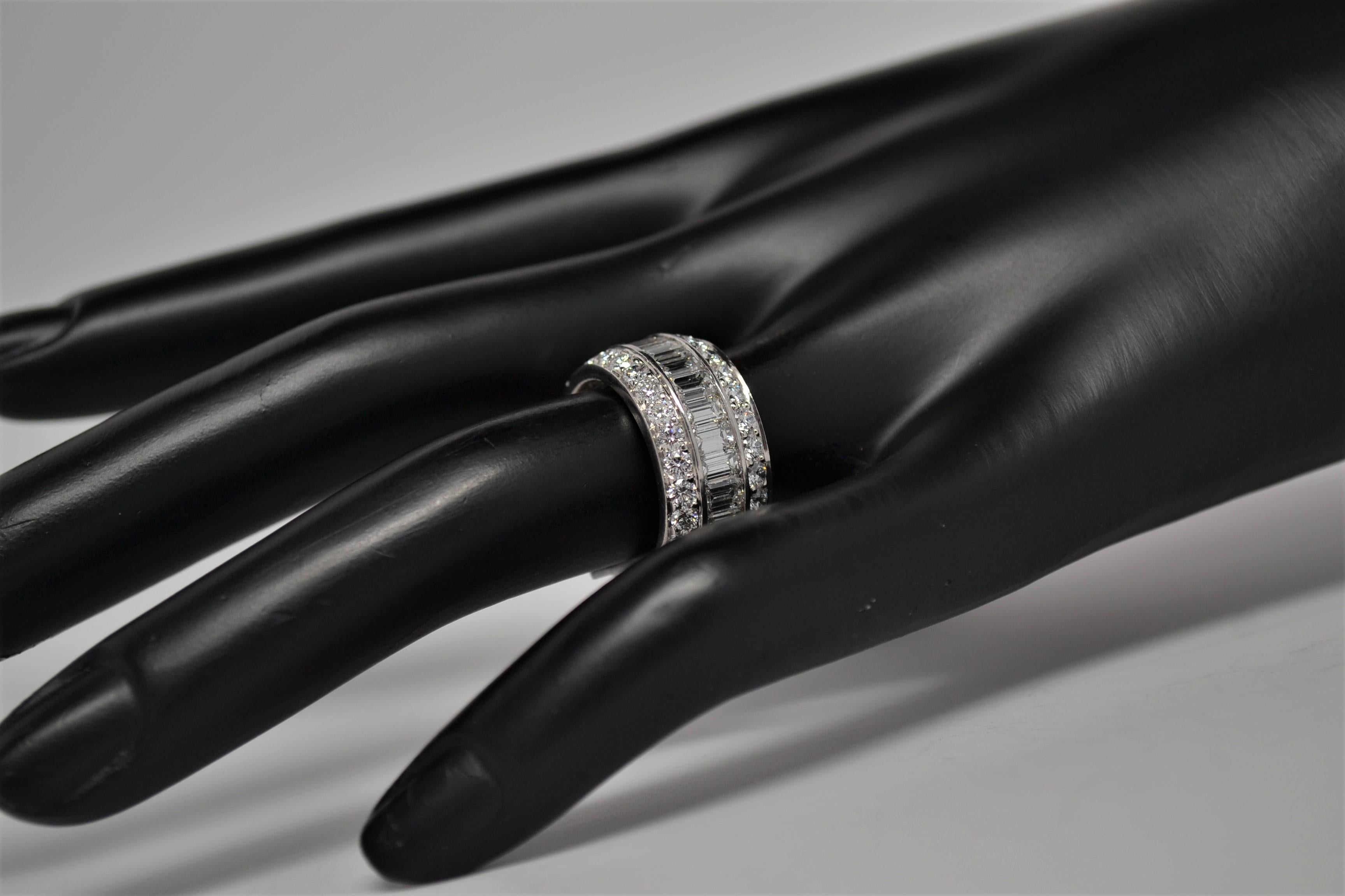 Platinum Eternity Ring with Emerald Cut & Round Brilliant Cut Diamonds, 7.29ct For Sale 5
