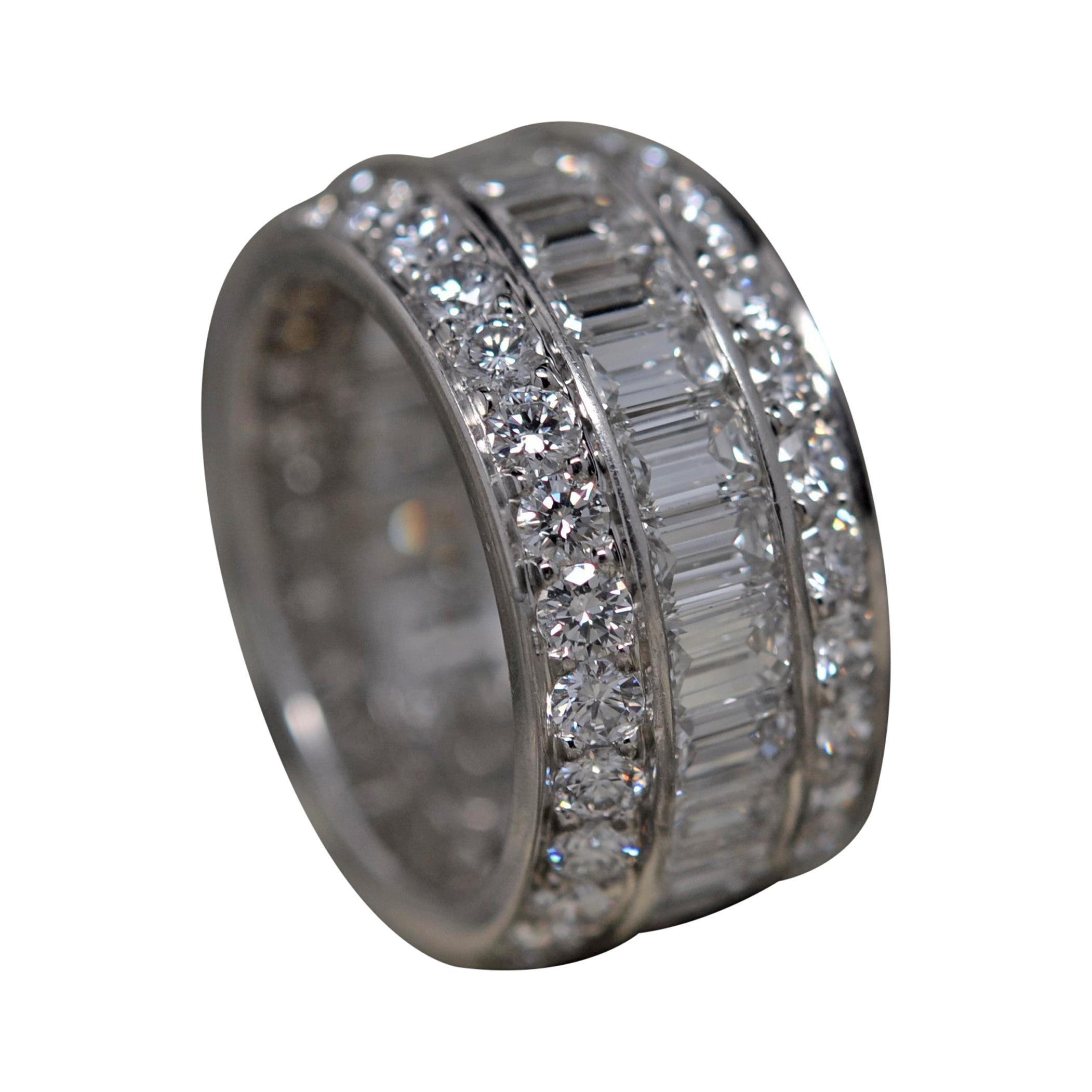 Platinum Eternity Ring with Emerald Cut & Round Brilliant Cut Diamonds, 7.29ct For Sale