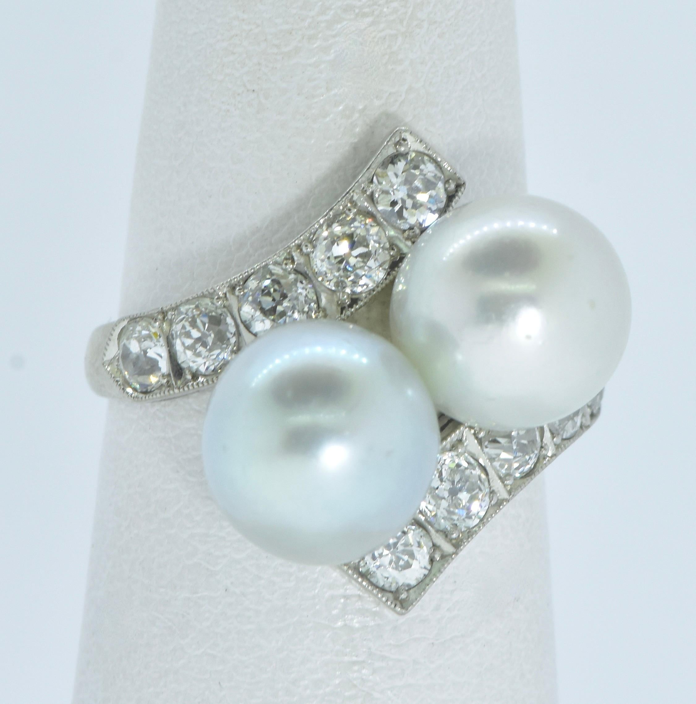 Women's or Men's Platinum, European Cut Diamond & Light Pastel Color Pearl  Ring, circa 1935 For Sale