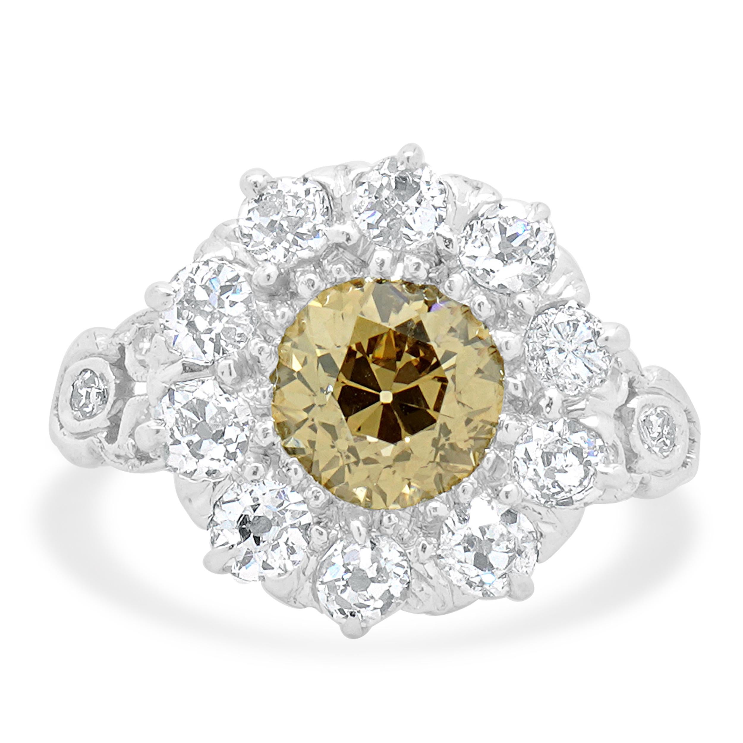 Platinum European Cut Vintage Diamond Engagement Ring