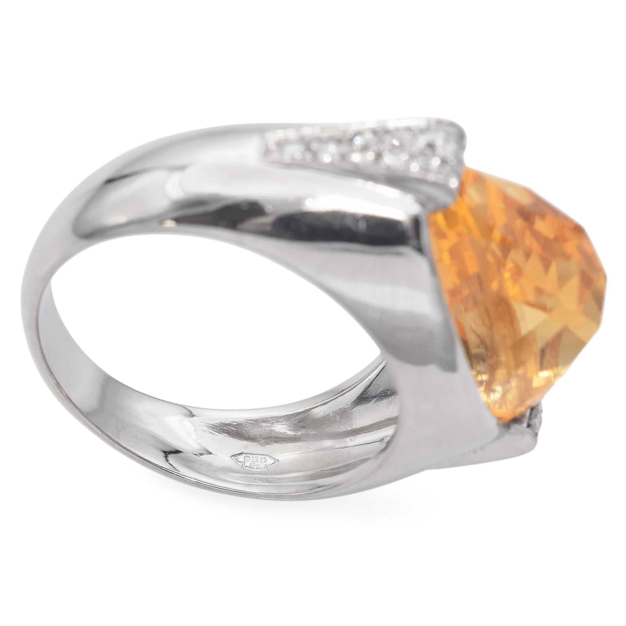 Platinum Fancy Cut Oval 6.70 Ct. Citrine and Accent Diamond Ring In Good Condition For Sale In New York, NY