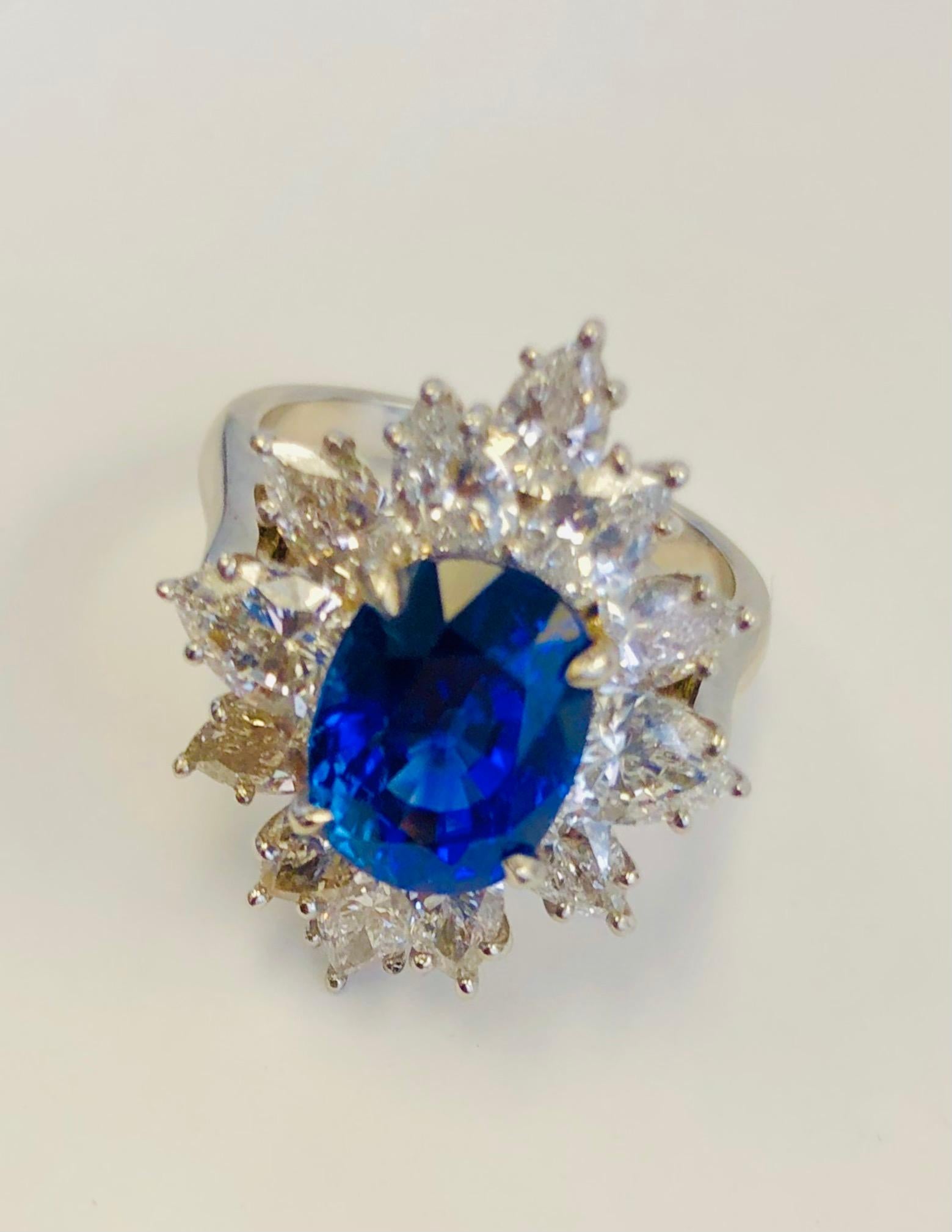 Women's Platinum Fancy Diamond and 4.30 Carat Ceylon Sapphire  Ring For Sale
