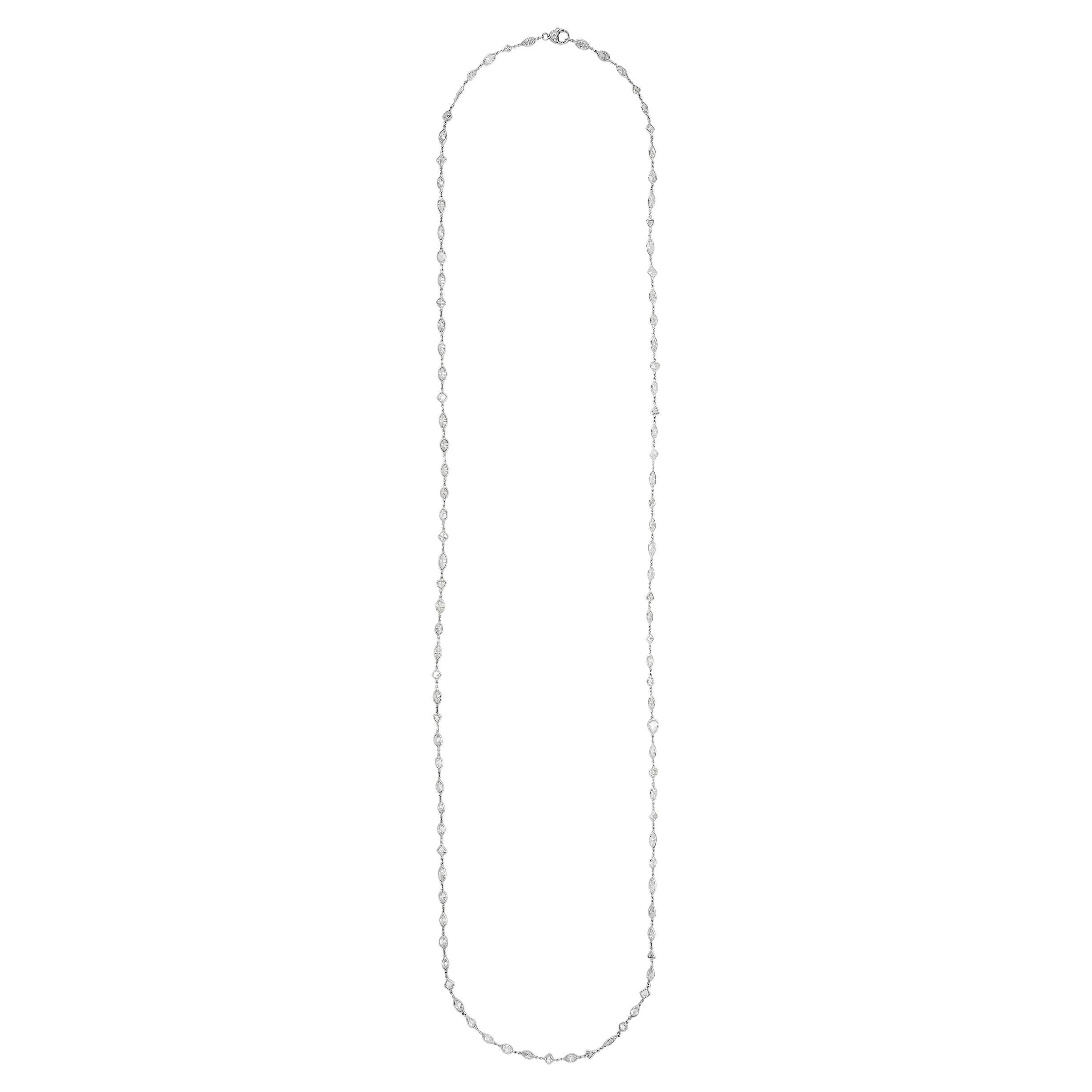 Platinum Fancy Mixed Shape Diamond by the Yard Long Necklace 42" For Sale