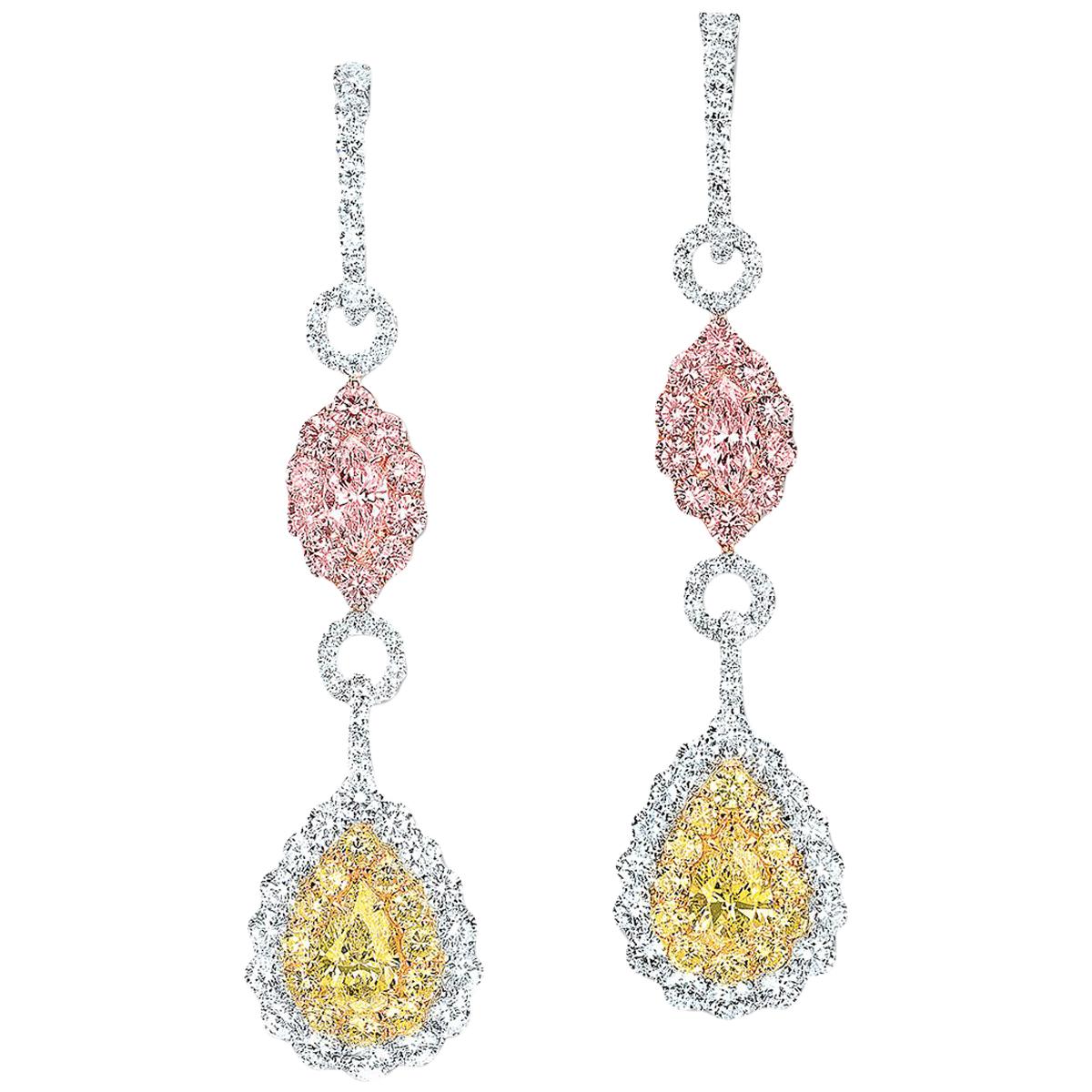 Platinum Fancy Pink, Yellow, and White Diamond Drop Earrings
