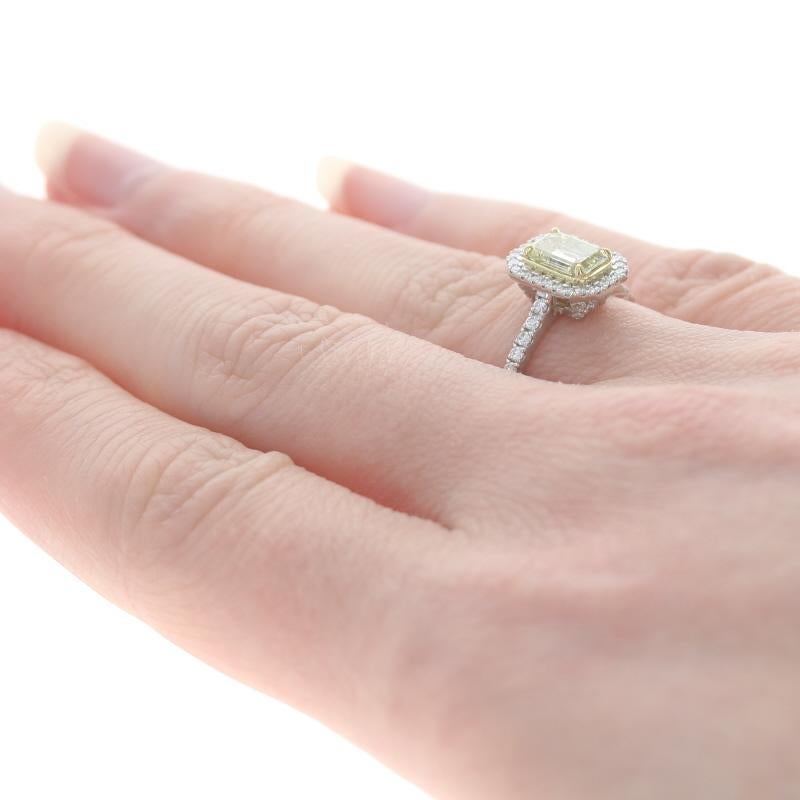 Women's Platinum Fancy Yellow Diamond Halo Engagement Ring - 18k Emerald Cut 1.26ctw GIA For Sale