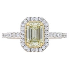 Platinum Fancy Yellow Diamond Halo Engagement Ring - 18k Emerald Cut 1.26ctw GIA