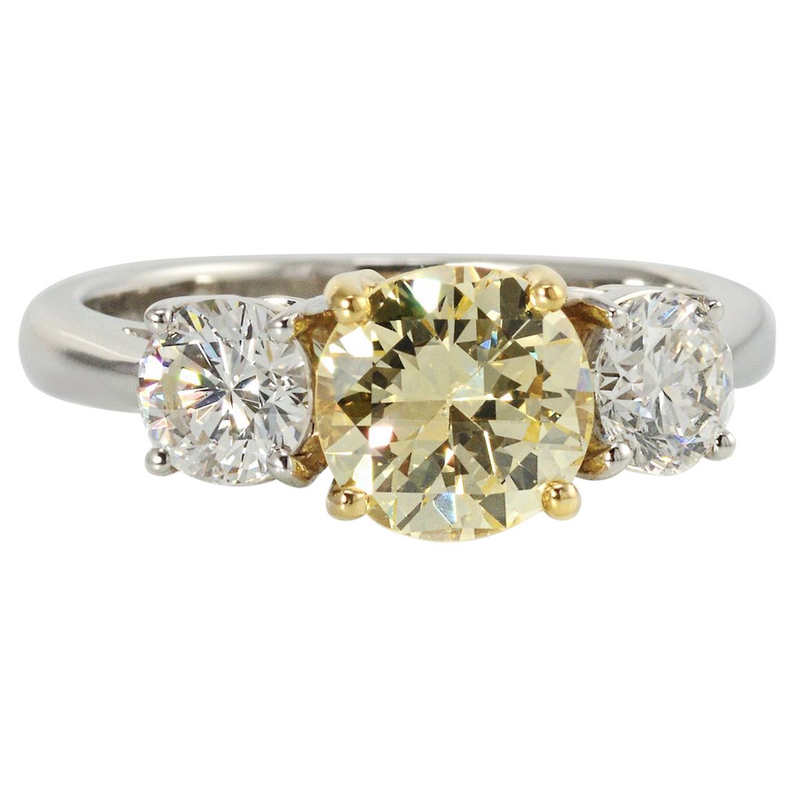 Platinum Fancy Yellow Three-Stone Round Diamond Engagement Ring