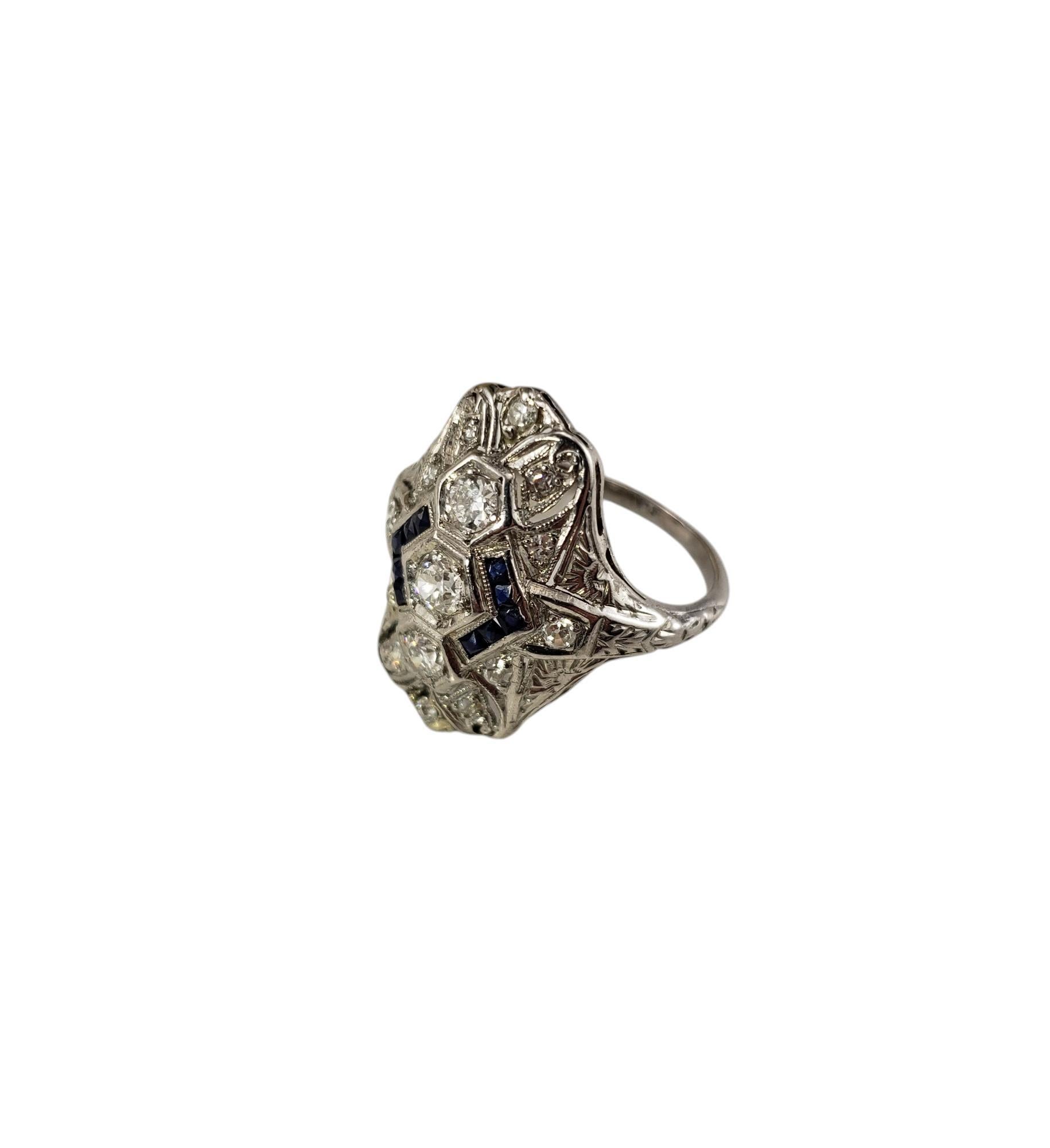 Round Cut Platinum Filigree Diamond and Sapphire Ring Size 7.5 #19532 For Sale