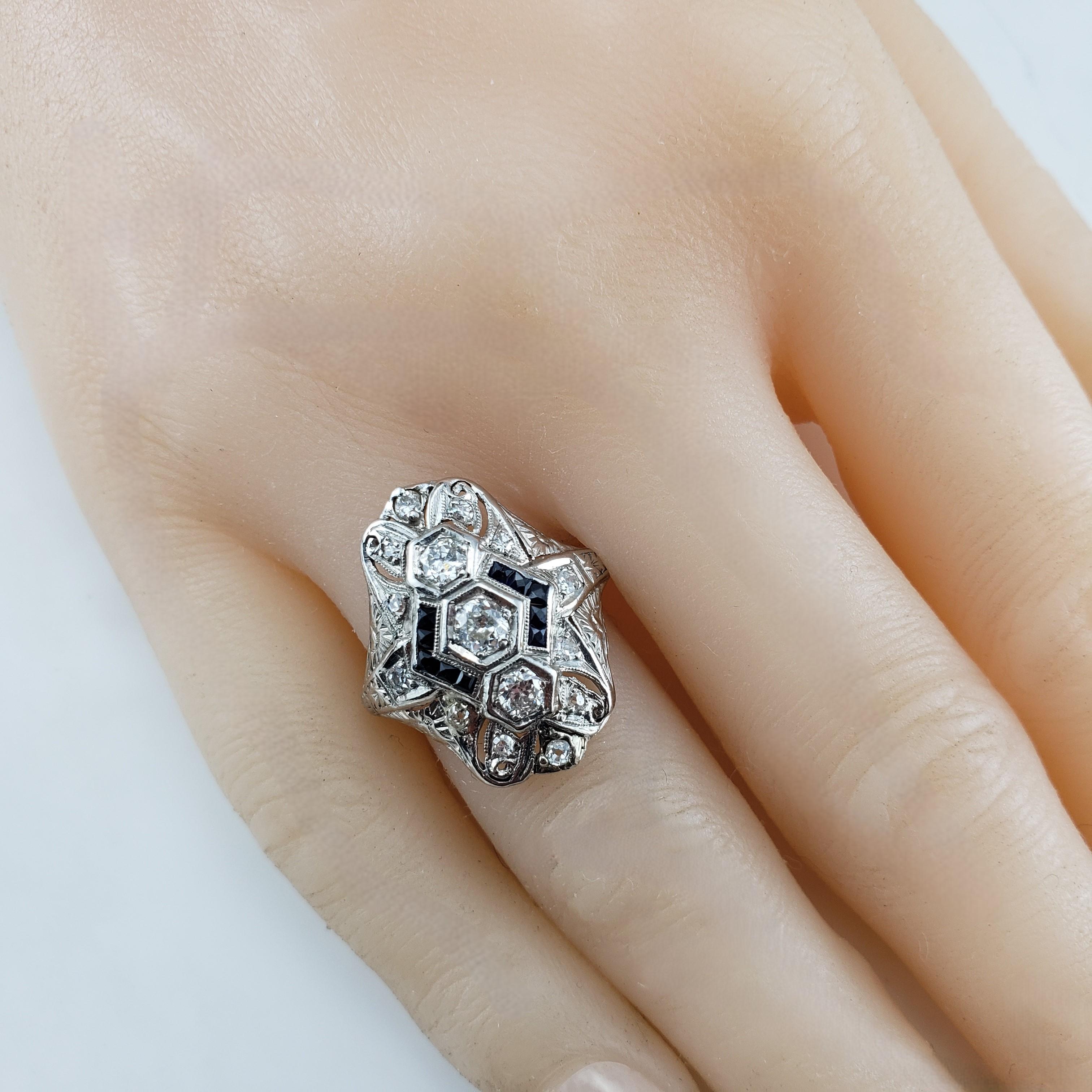 Platinum Filigree Diamond and Sapphire Ring Size 7.5 #19532 For Sale 1