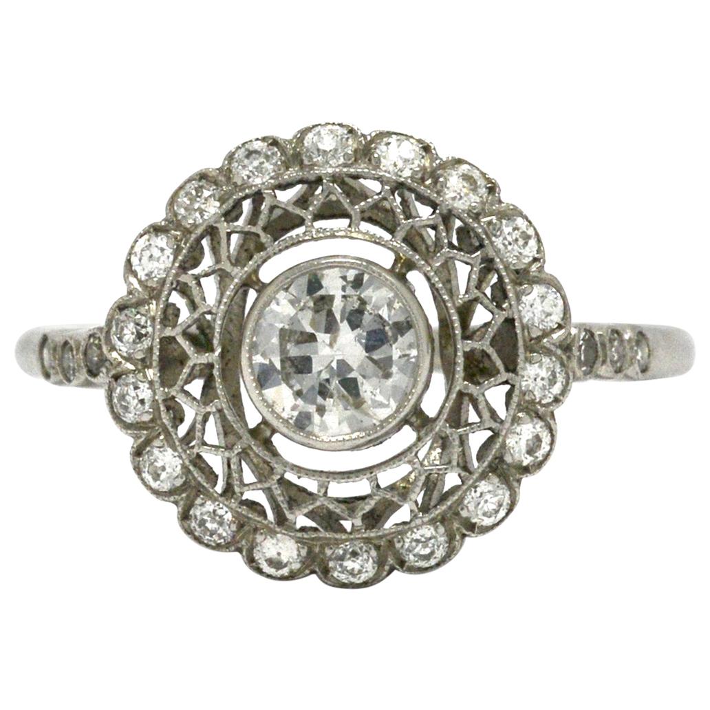 Platinum Filigree Old European Diamond Halo Engagement Ring Honeycomb Cluster