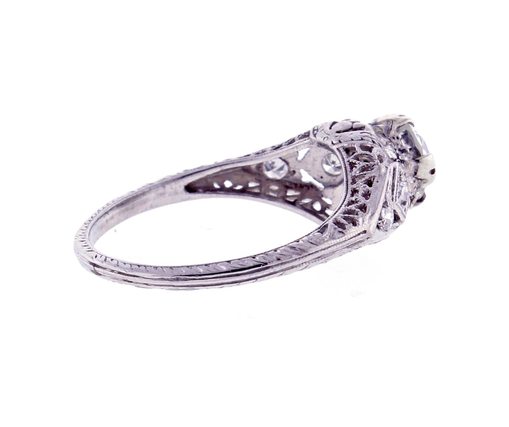 Art Deco Platinum Filigree Ring with 0.81ct OEC Diamond For Sale