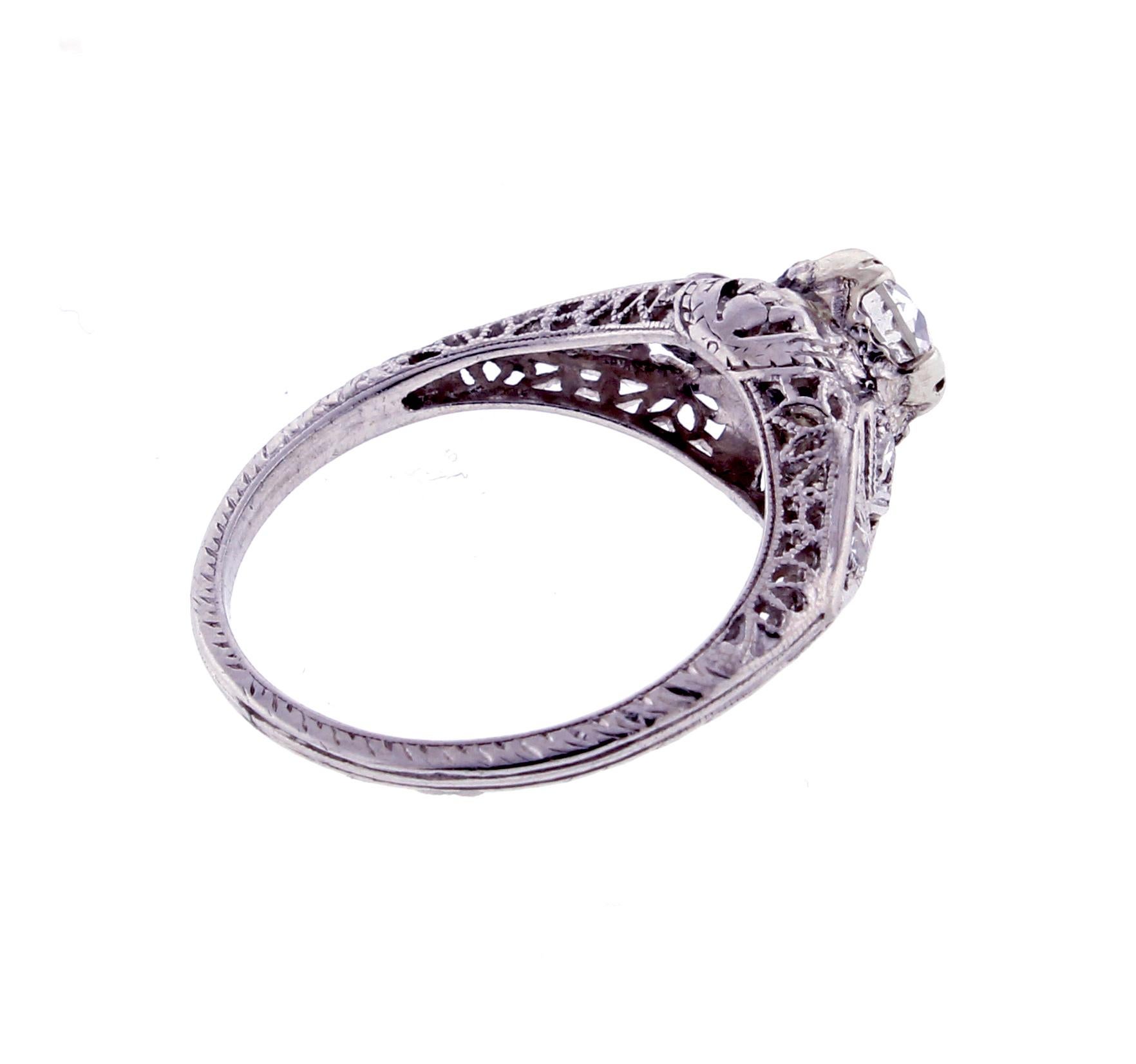 Old European Cut Platinum Filigree Ring with 0.81ct OEC Diamond For Sale