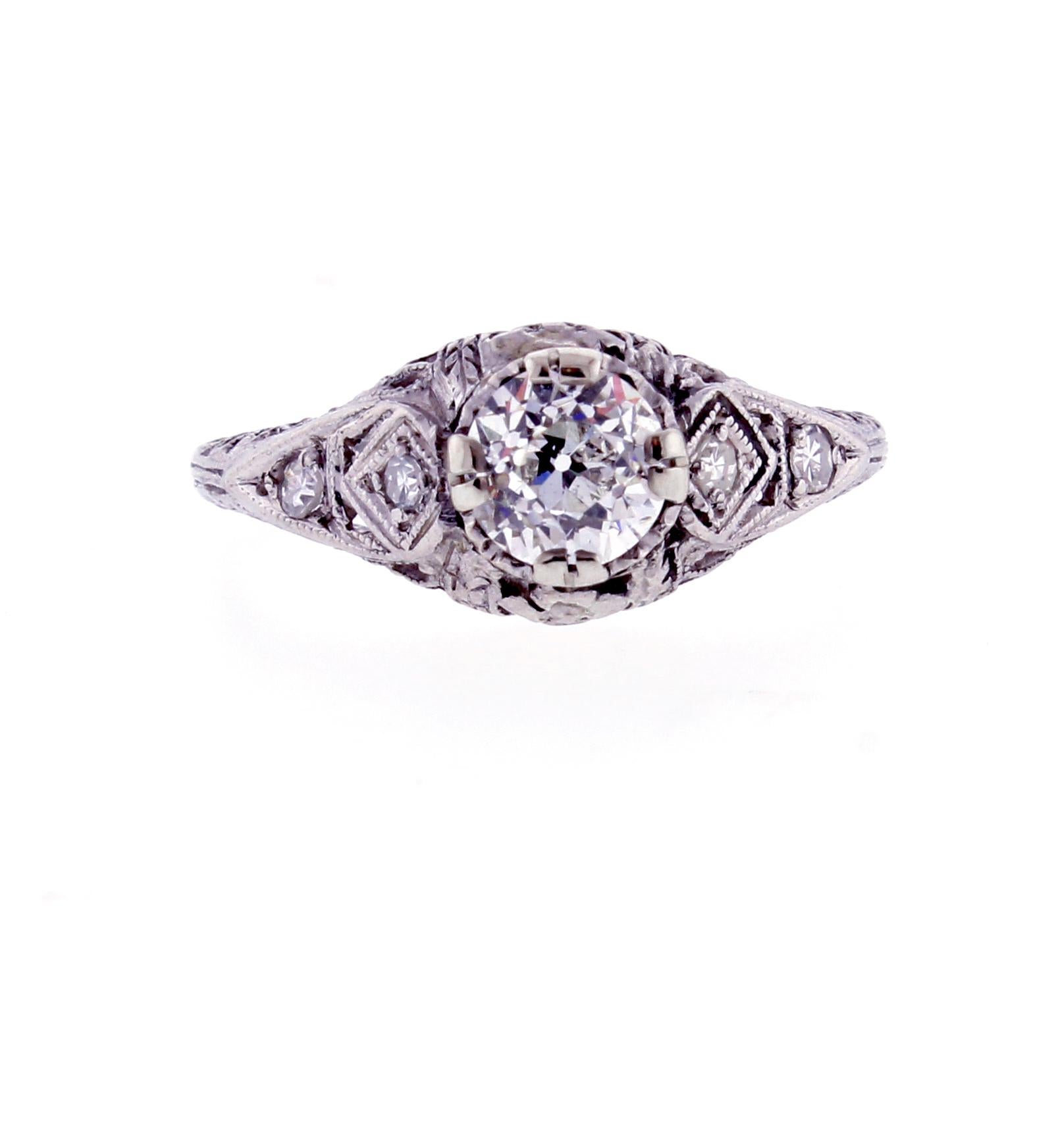 Platinum Filigree Ring with 0.81ct OEC Diamond In Good Condition For Sale In Bethesda, MD