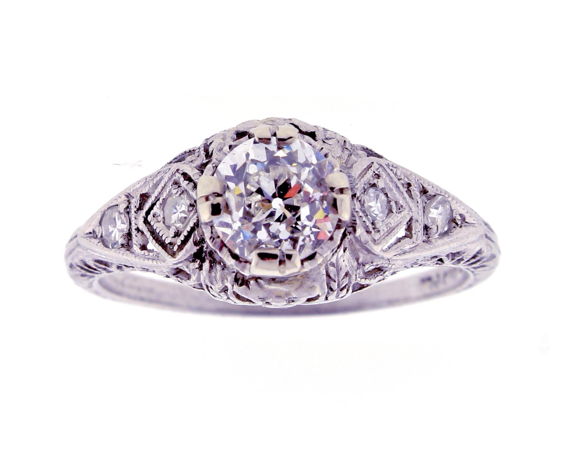 Platinum Filigree Ring with 0.81ct OEC Diamond For Sale