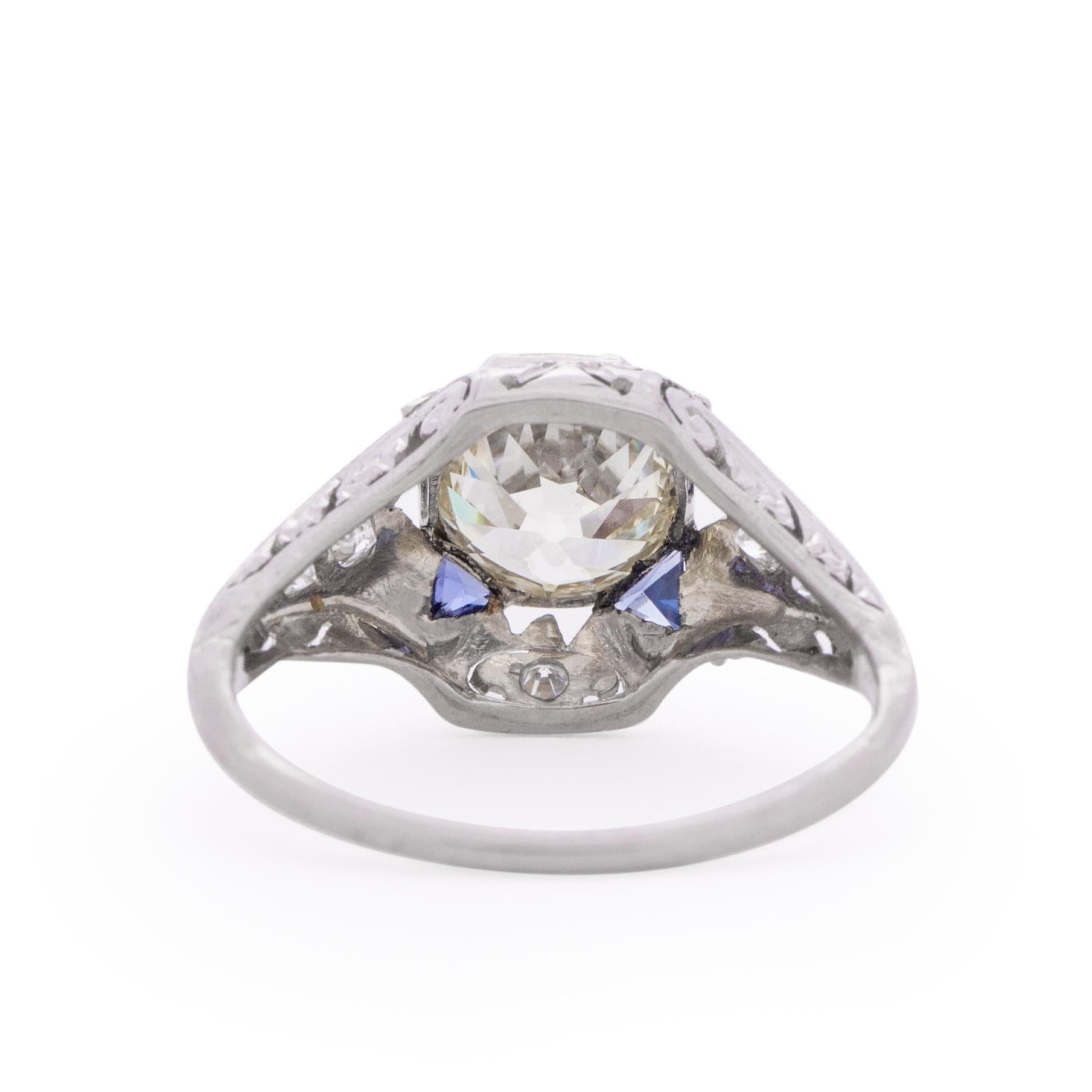 Art Deco Platinum Filigree Setting with 2.08 Ct Center Diamond, Accented with Sapphires