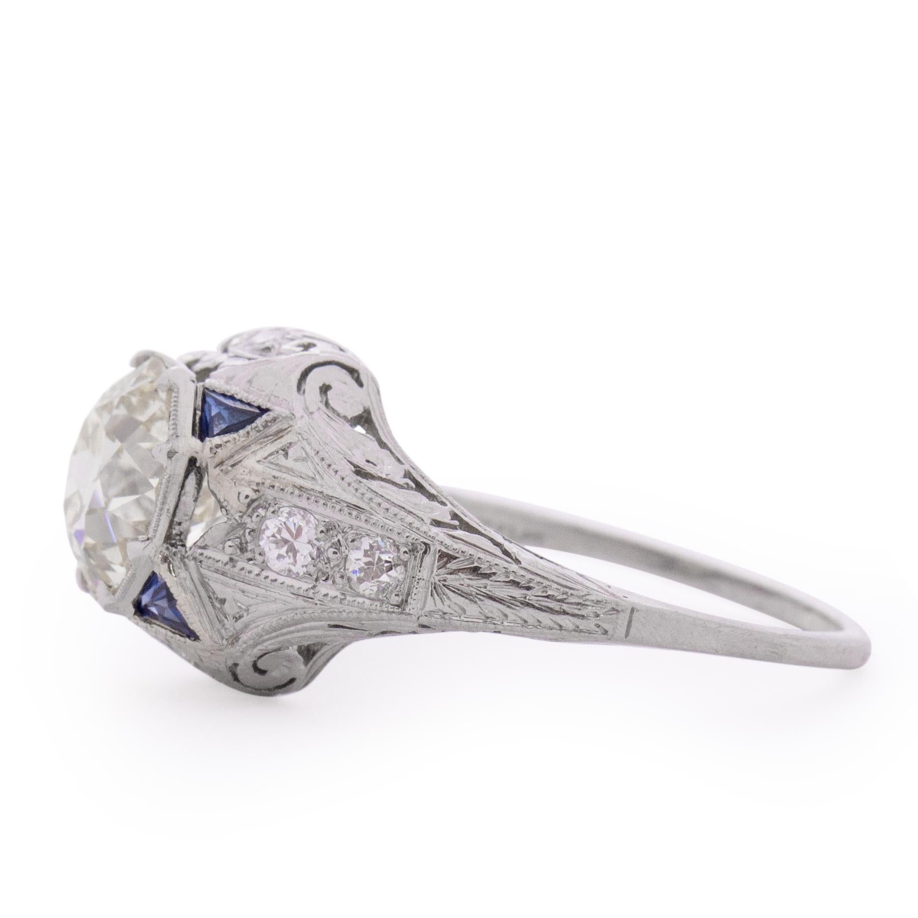 Round Cut Platinum Filigree Setting with 2.08 Ct Center Diamond, Accented with Sapphires