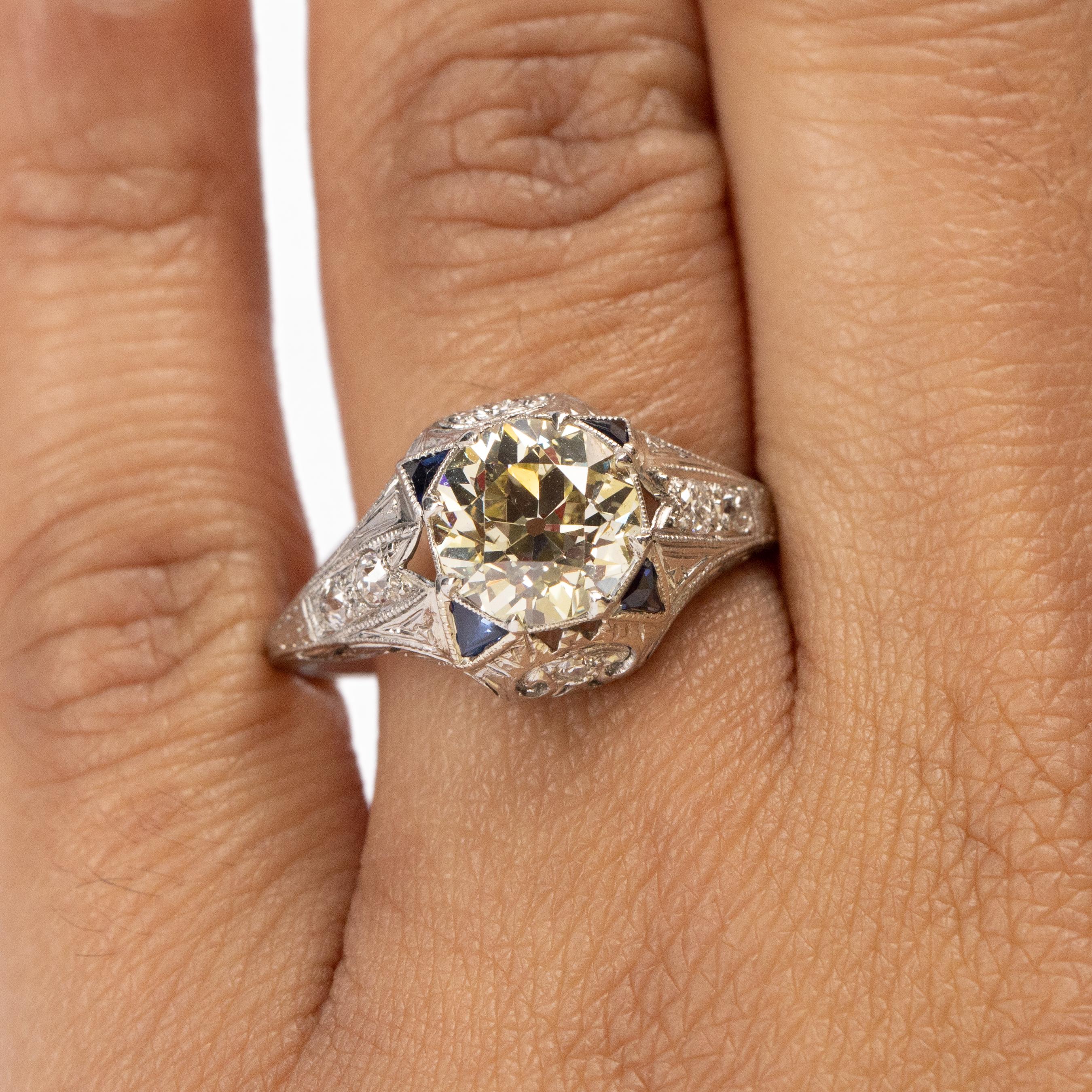 Platinum Filigree Setting with 2.08 Ct Center Diamond, Accented with Sapphires In Good Condition In Addison, TX