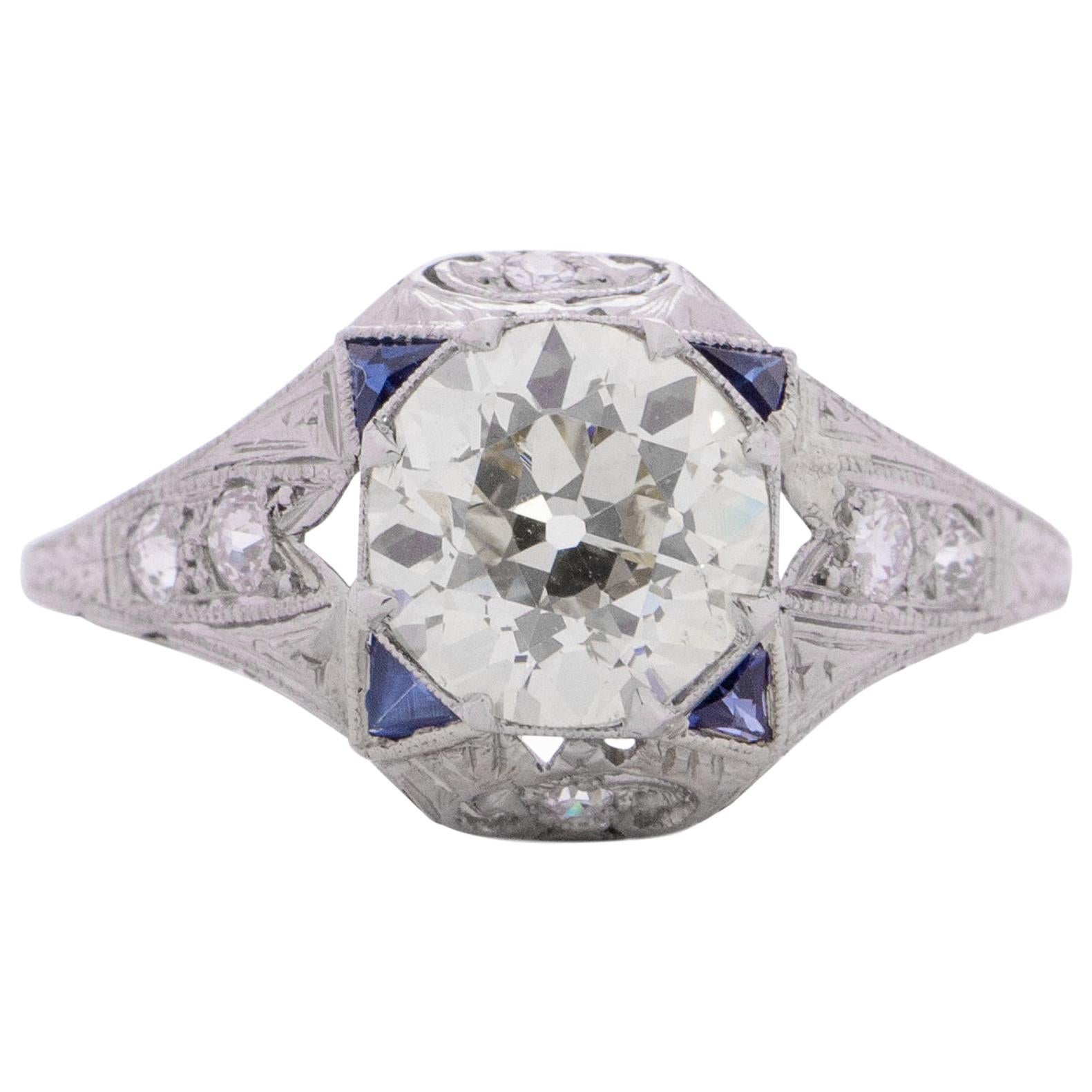 Platinum Filigree Setting with 2.08 Ct Center Diamond, Accented with Sapphires