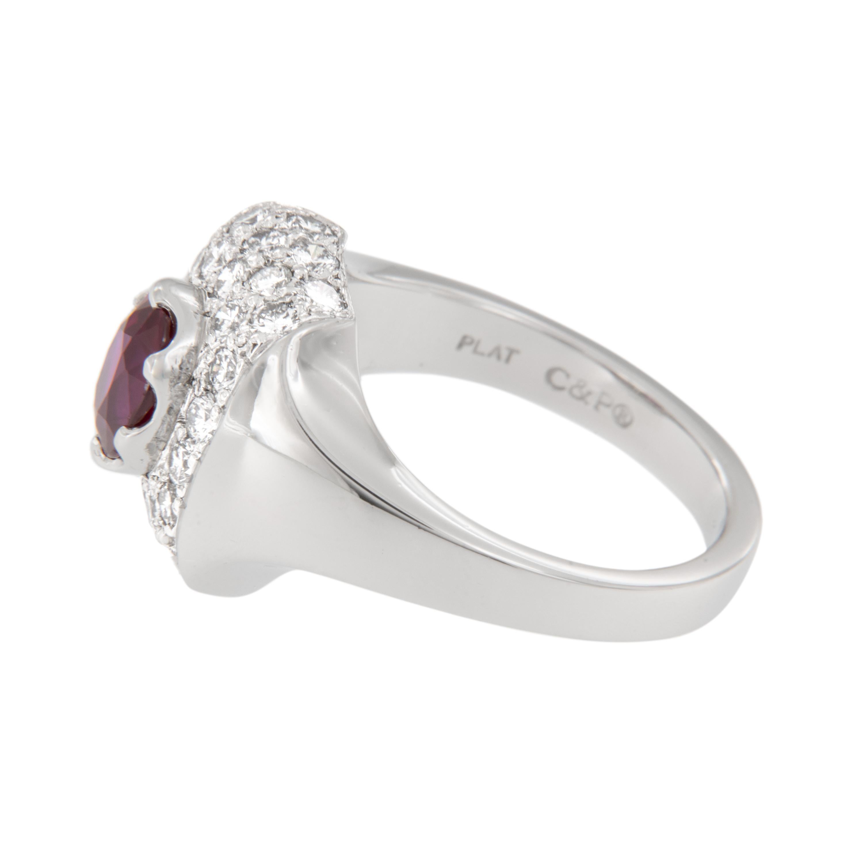 Oval Cut Platinum Fine 1.05 Carat Ruby 0.75 Cttw Diamond Ring For Sale