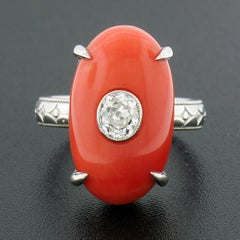 Platinum Fine Antique Oval GIA Reddish Orange Coral & Mine Cut Diamond Ring