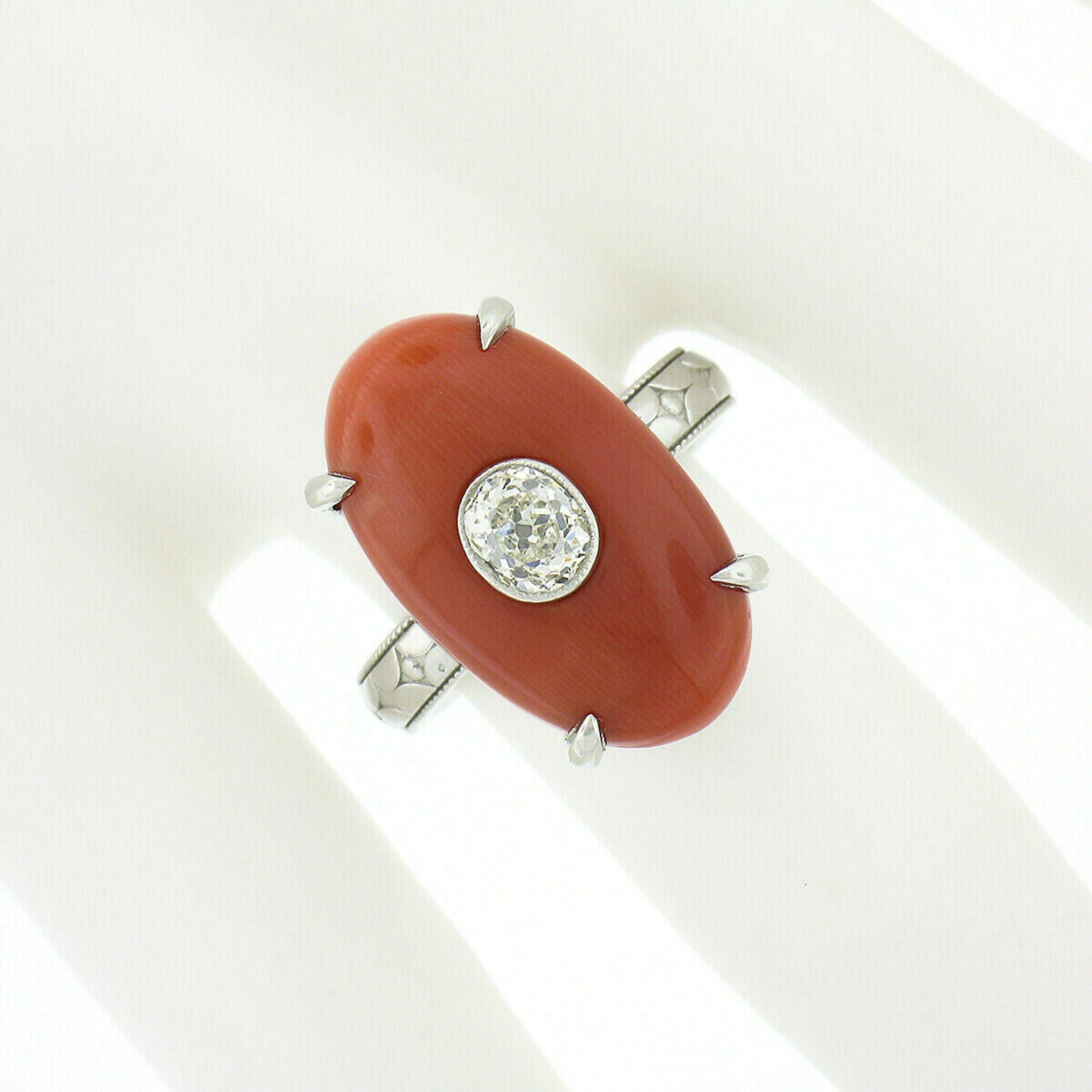 Art Deco Platinum Fine Antique Oval GIA Reddish Orange Coral & Mine Cut Diamond Ring For Sale