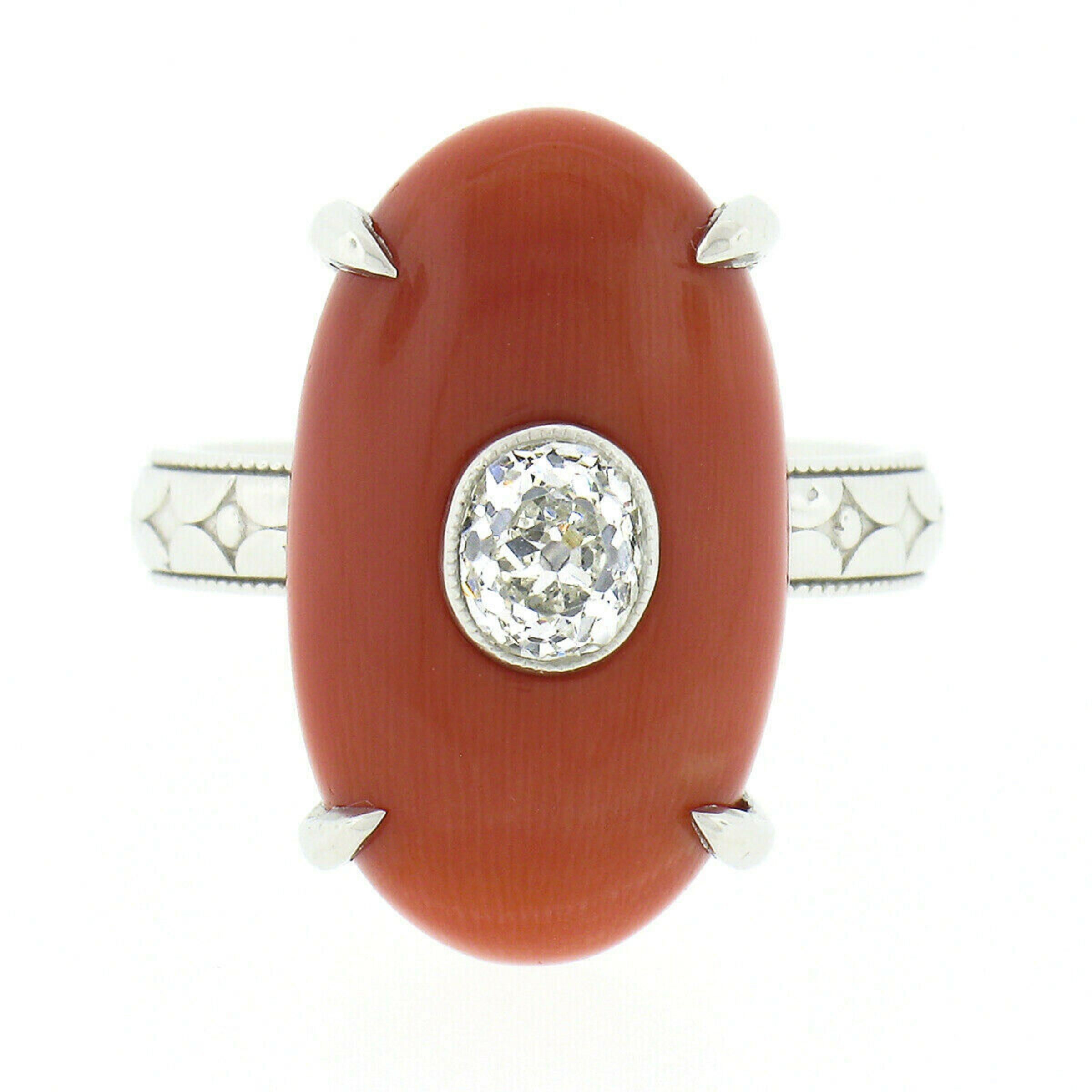 Oval Cut Platinum Fine Antique Oval GIA Reddish Orange Coral & Mine Cut Diamond Ring