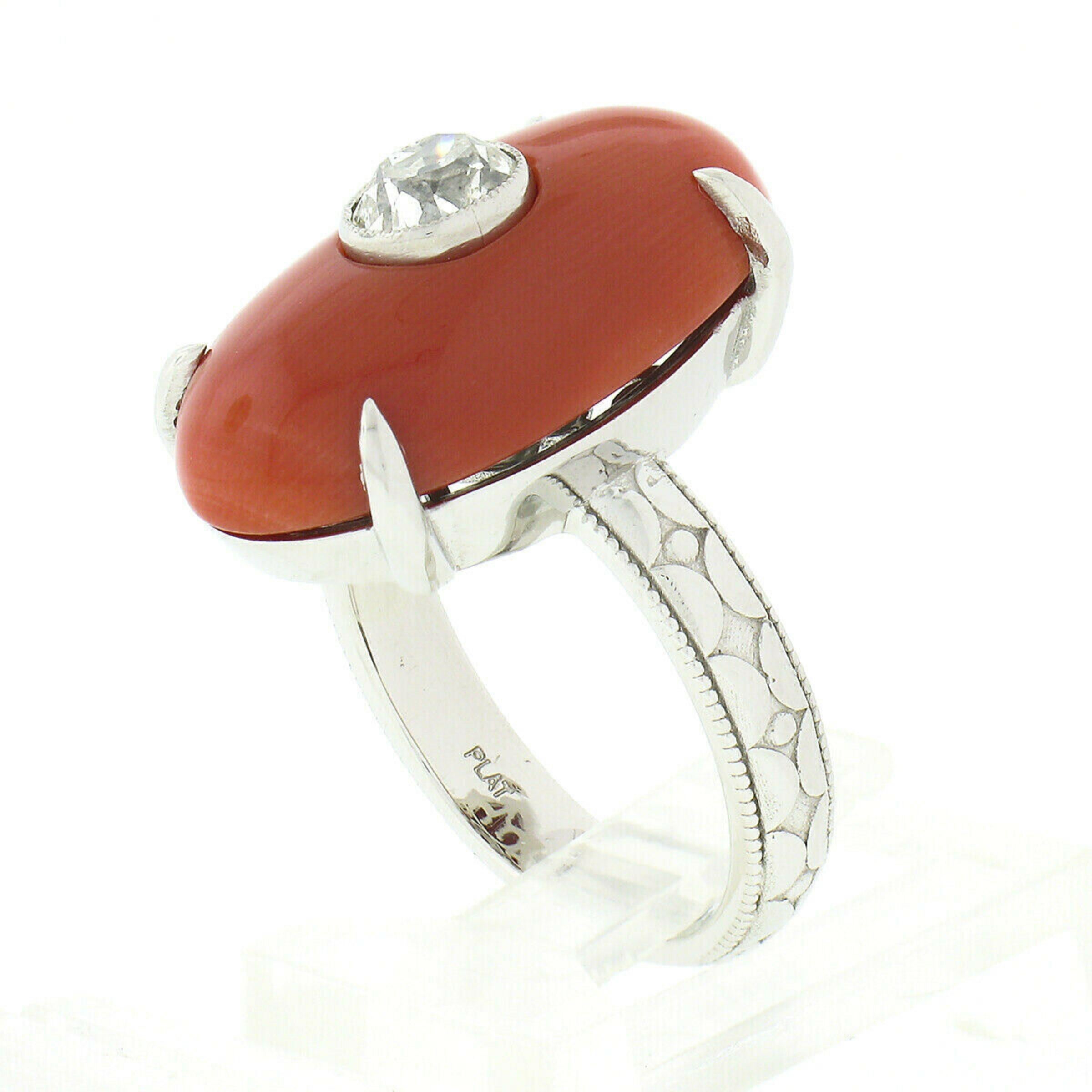 Platinum Fine Antique Oval GIA Reddish Orange Coral & Mine Cut Diamond Ring In New Condition For Sale In Montclair, NJ