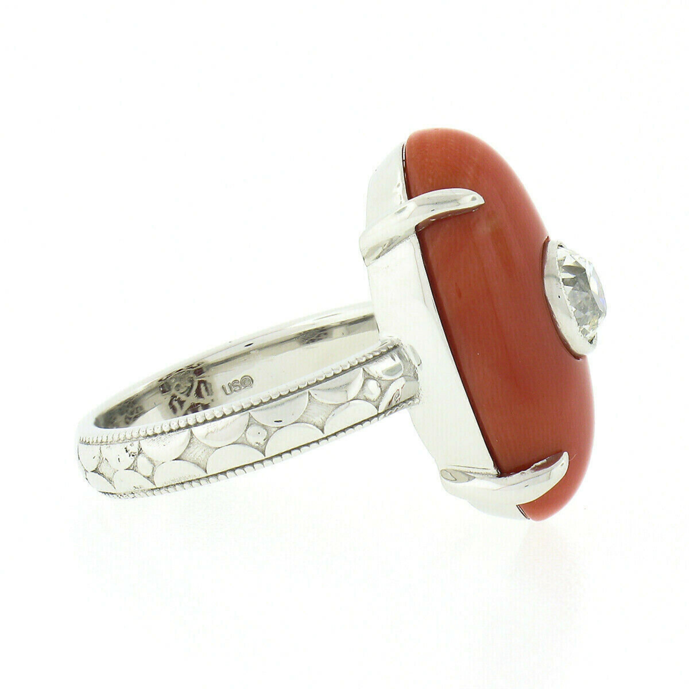 Women's Platinum Fine Antique Oval GIA Reddish Orange Coral & Mine Cut Diamond Ring