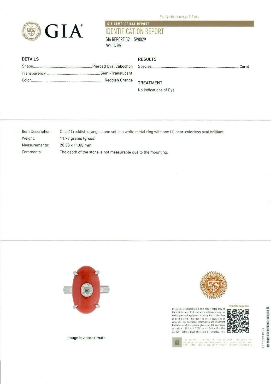 Platinum Fine Antique Oval GIA Reddish Orange Coral & Mine Cut Diamond Ring For Sale 3