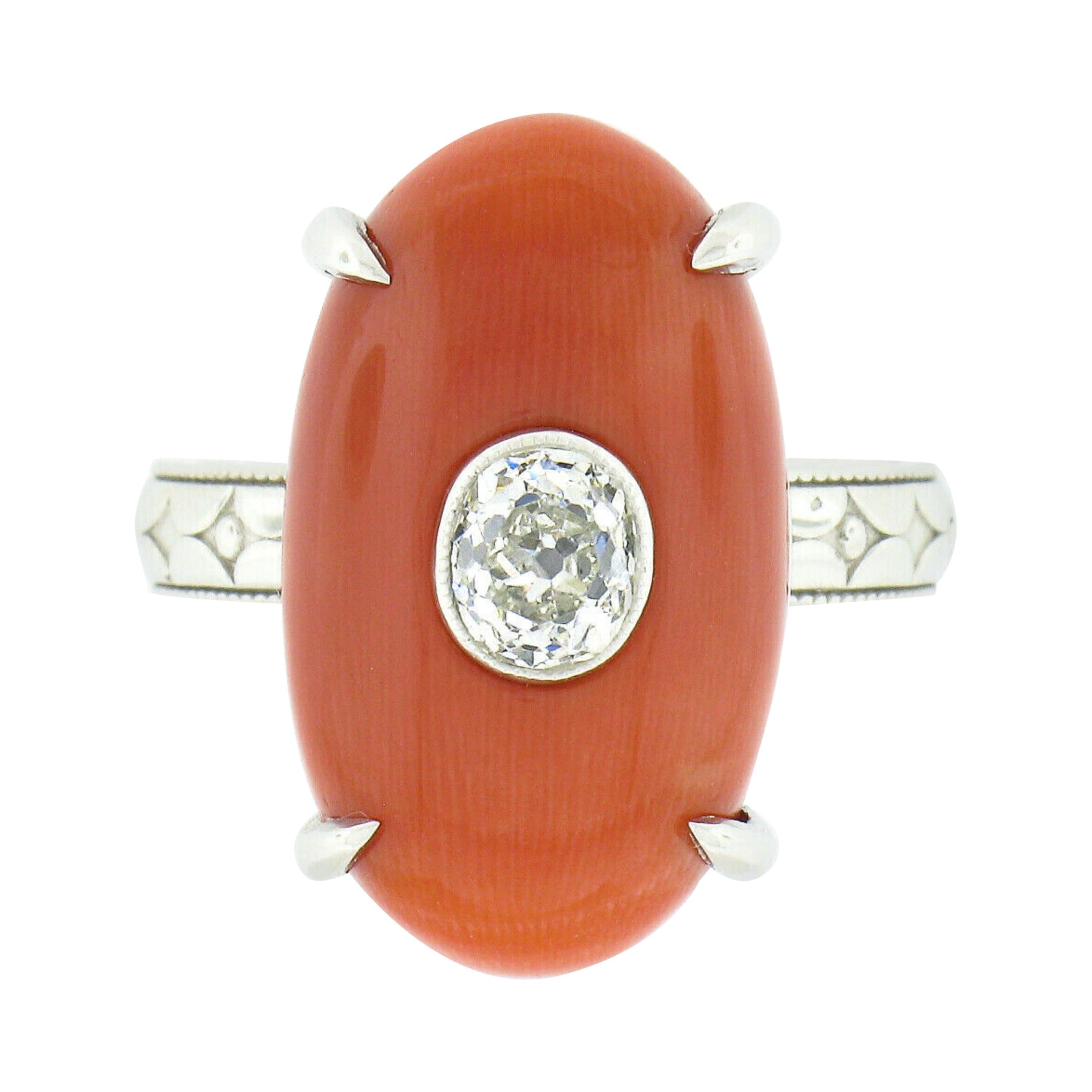 Platinum Fine Antique Oval GIA Reddish Orange Coral & Mine Cut Diamond Ring