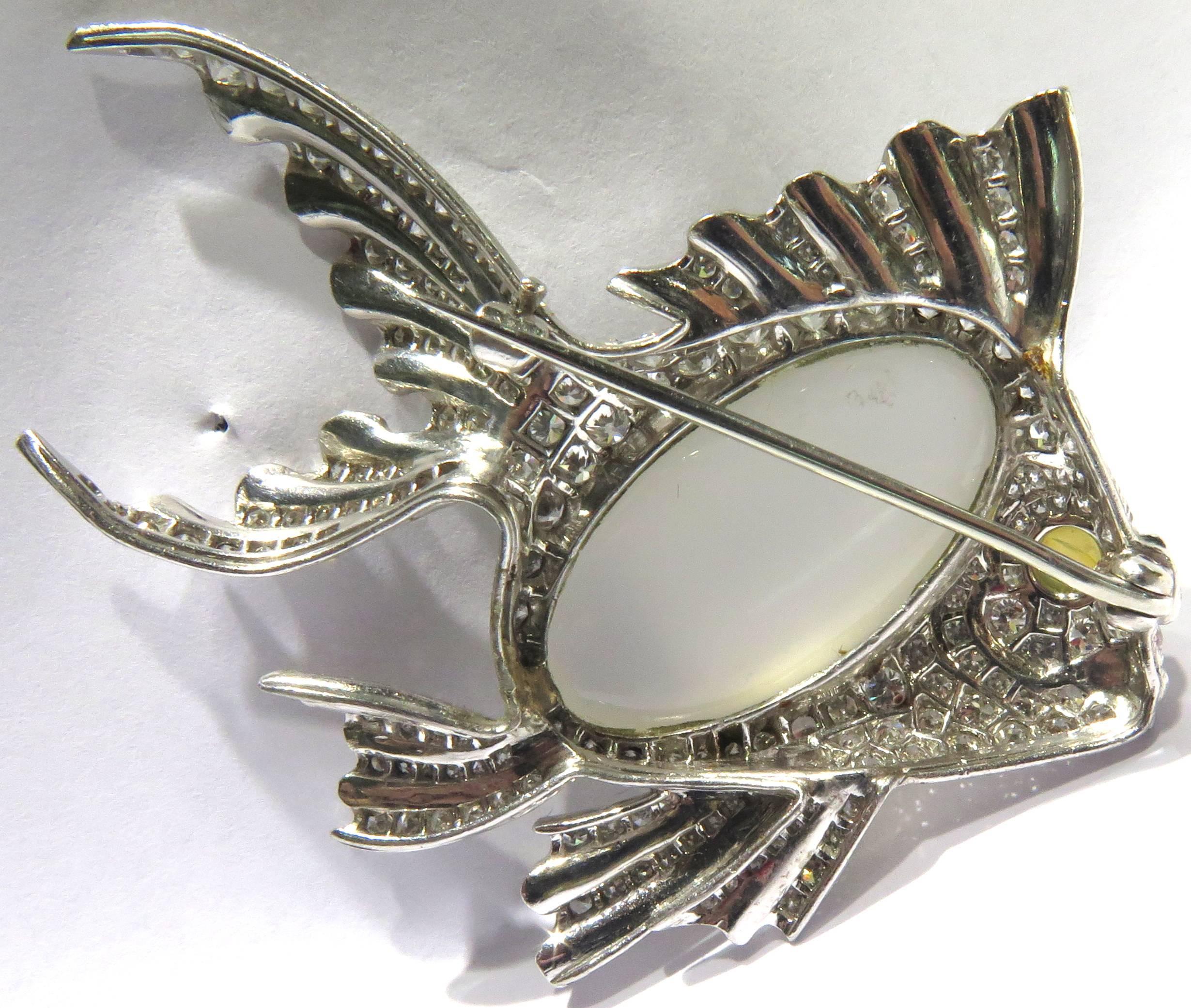 Platinum Fish Pin Accented with Diamonds Moonstone and Chrysoberyl Cats Eye Pin For Sale 7