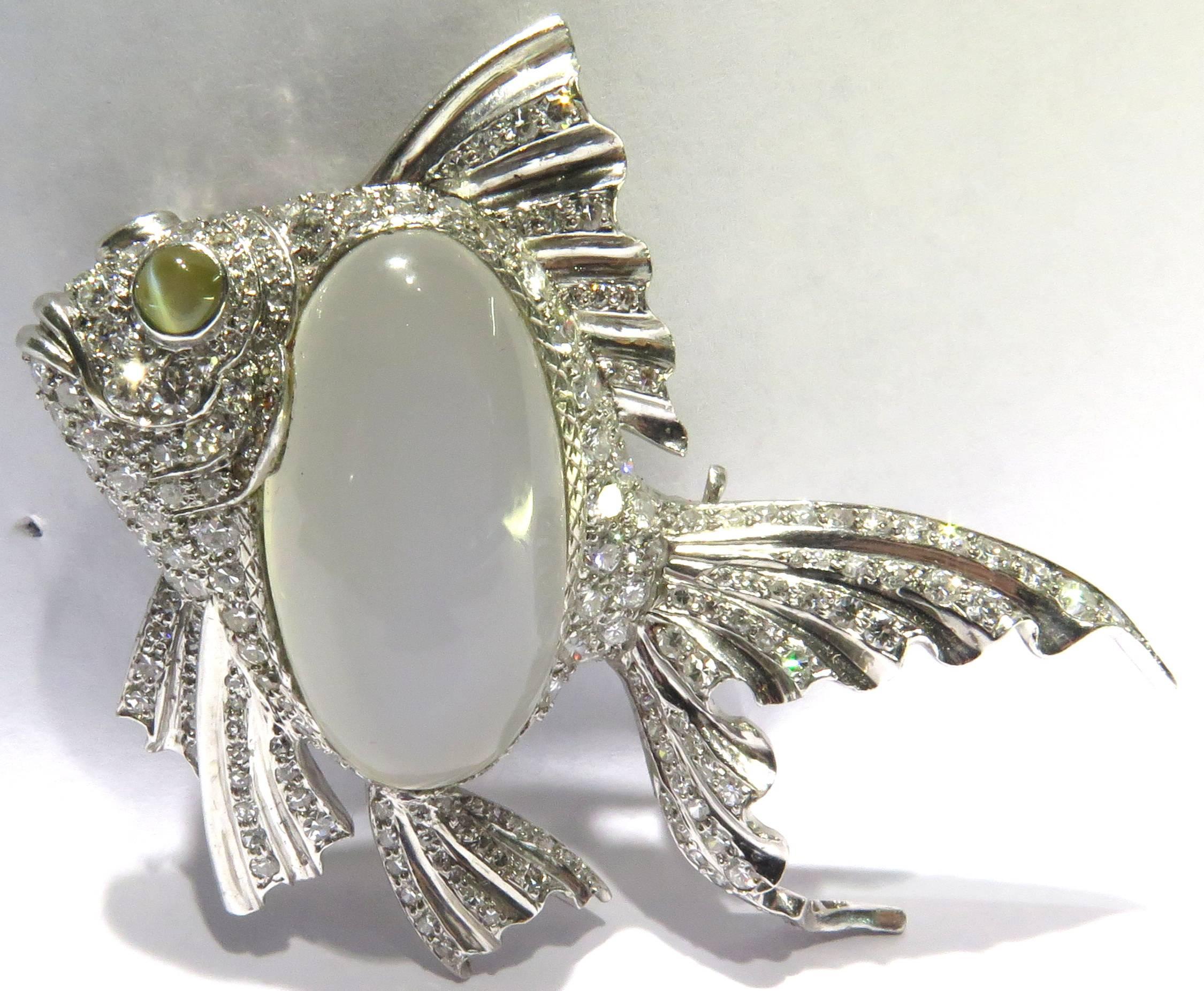 Platinum Fish Pin Accented with Diamonds Moonstone and Chrysoberyl Cats Eye Pin For Sale 8