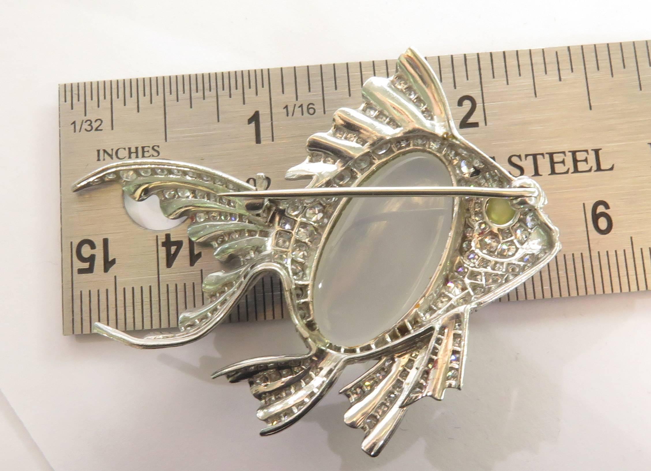Platinum Fish Pin Accented with Diamonds Moonstone and Chrysoberyl Cats Eye Pin For Sale 9
