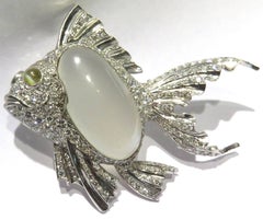 Platinum Fish Pin Accented with Diamonds Moonstone and Chrysoberyl Cats Eye Pin