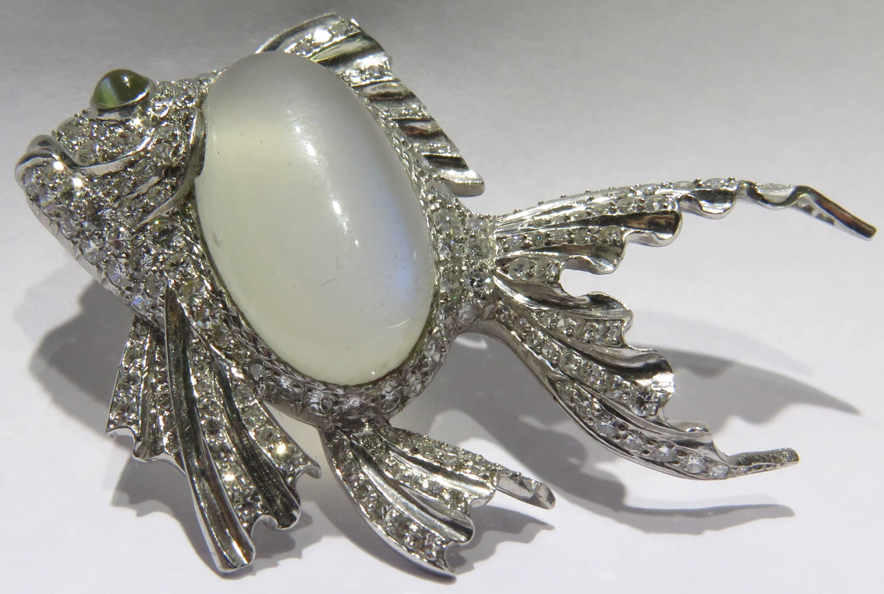 Women's or Men's Platinum Fish Pin Accented with Diamonds Moonstone and Chrysoberyl Cats Eye Pin For Sale